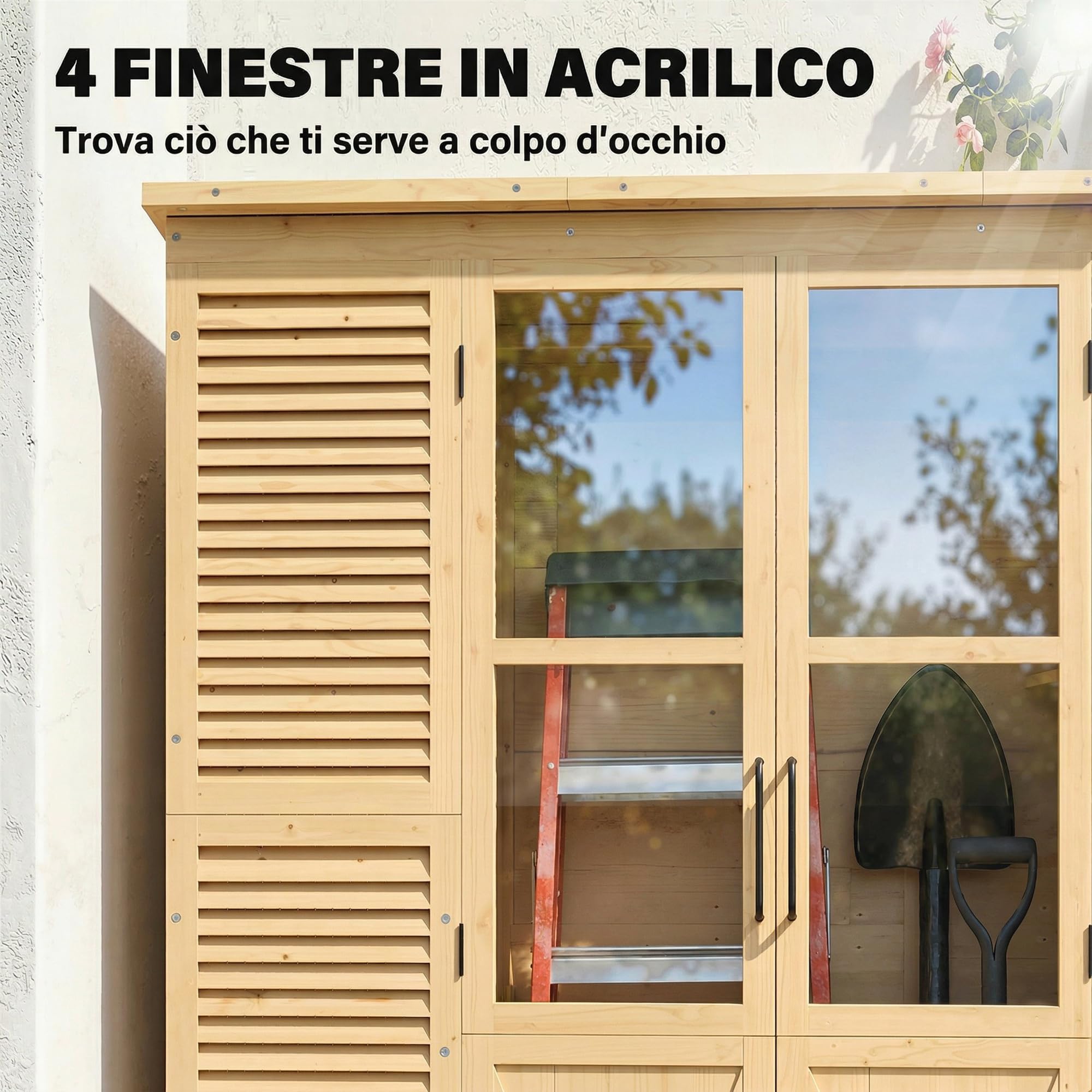 Outsunny Armadio da Giardino in Legno Abete Walk-in, Casetta Porta Attrezzi da Esterno con Tetto Inclinato Asfalto, 4 Finestre, 6 Ripiani, Prese d'Aria, Kit Antiribaltamento, 147x68x198cm, Color Legno