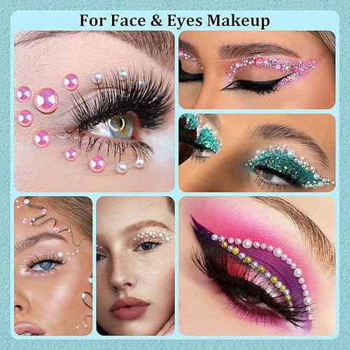 Miniatura 6 de Juego de 6 perlas y diamantes de imitación con parte trasera plana de 1.76 oz, 6 diamantes de imitación de resina rosa y azul claro, tamaño mixto de