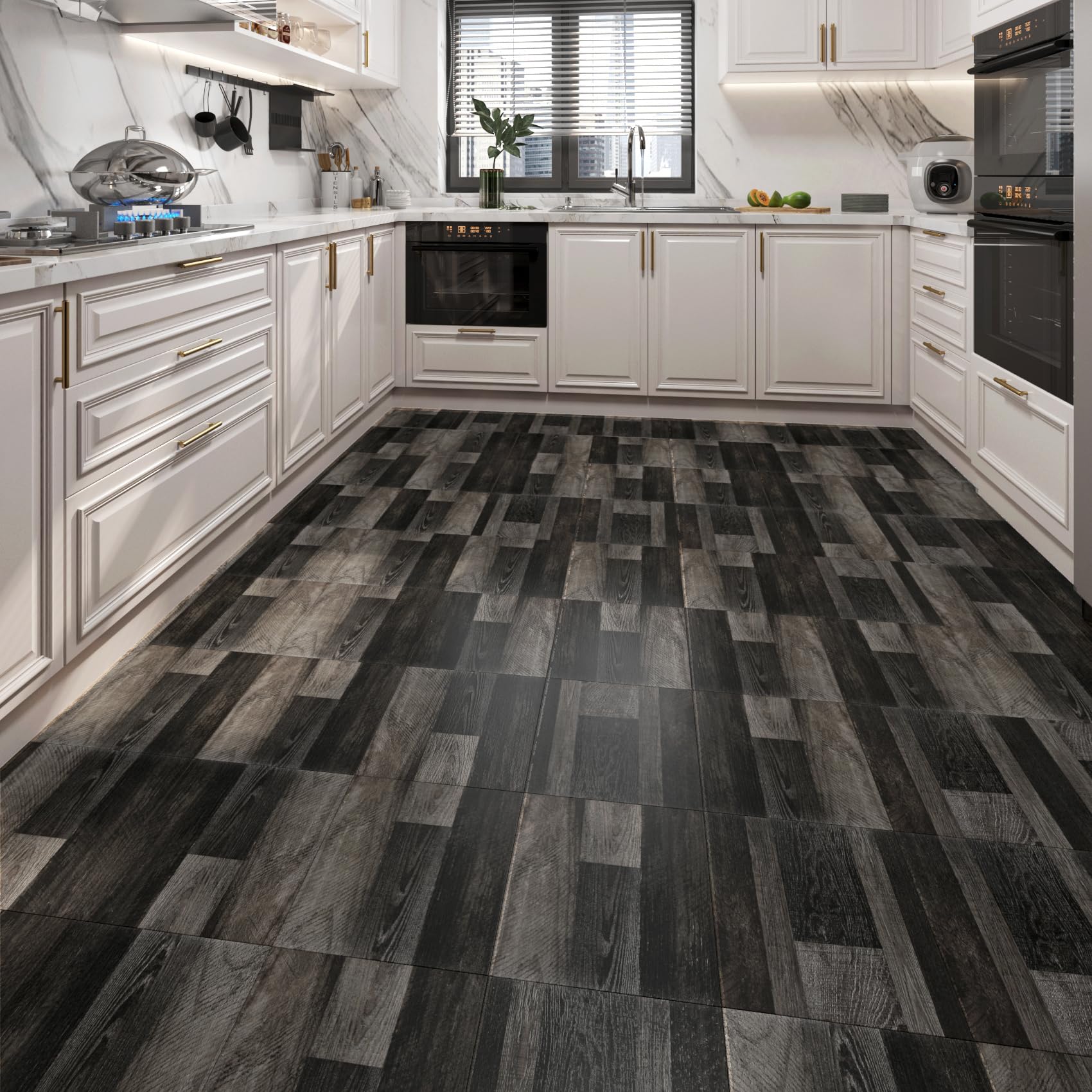 FunStick 35-Pack Black Wood Peel And Stick Vinyl Floor Tiles - 6"x36" Waterproof Planks For Kitchen, Bathroom, Rental