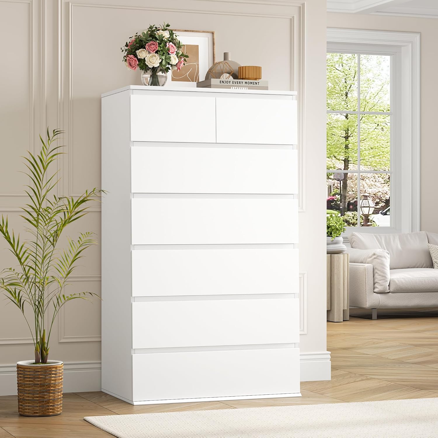 FOTOSOK 7 Drawer Dresser, White Dresser Tall Dresser, 23.6W x 15.7D x 46.7H in White Chest of Drawers with Large Storage Space for Home