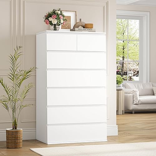 Miniatura 2 de FOTOSOK Cómoda de 7 cajones, cómoda blanca alta, 23.6 pulgadas de ancho x 15.7 pulgadas de profundidad x 46.7 pulgadas de alto, cómoda blanca con