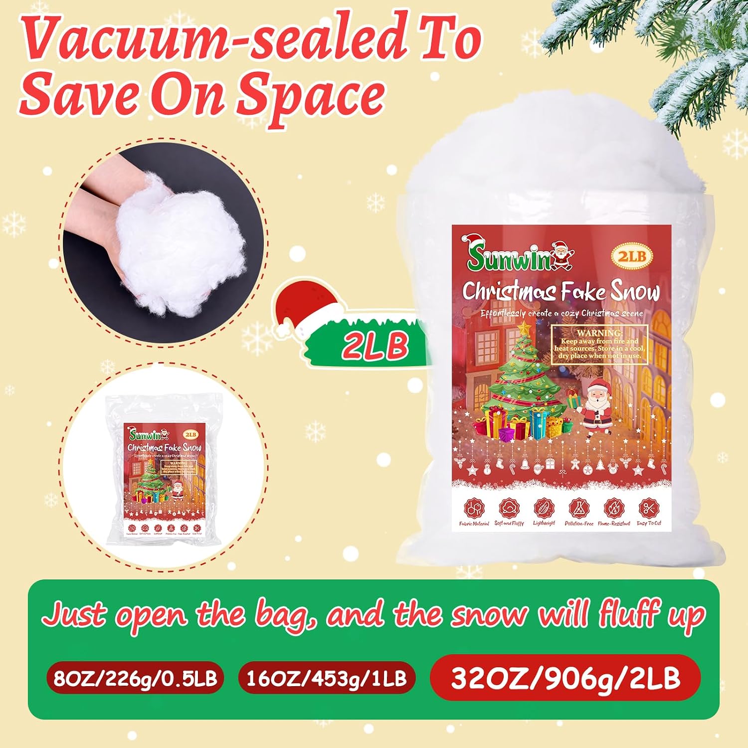 32 OZ Christmas Fake Snow, Fluffy Artificial Snow for Christmas Village, White Cotton Faux Snow Fluffy Decor for Crafts Christmas Tree Village Display Table Nativity Scenes Indoor Decorations