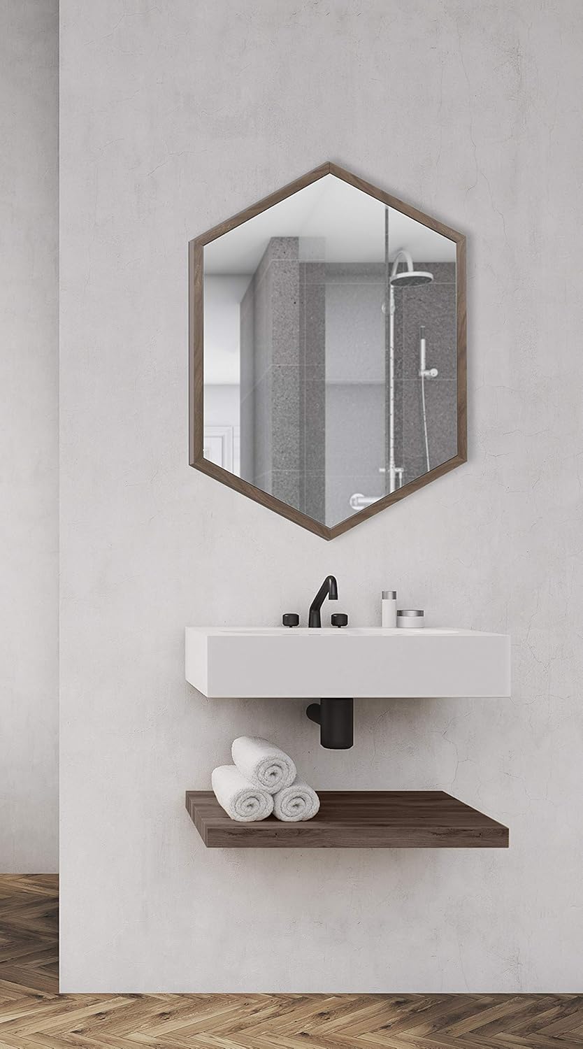 Kate and Laurel Laverty Mid-Century Framed Hexagon Mirror, 22 x 31, Walnut Brown, Modern Geometric Wall Decor