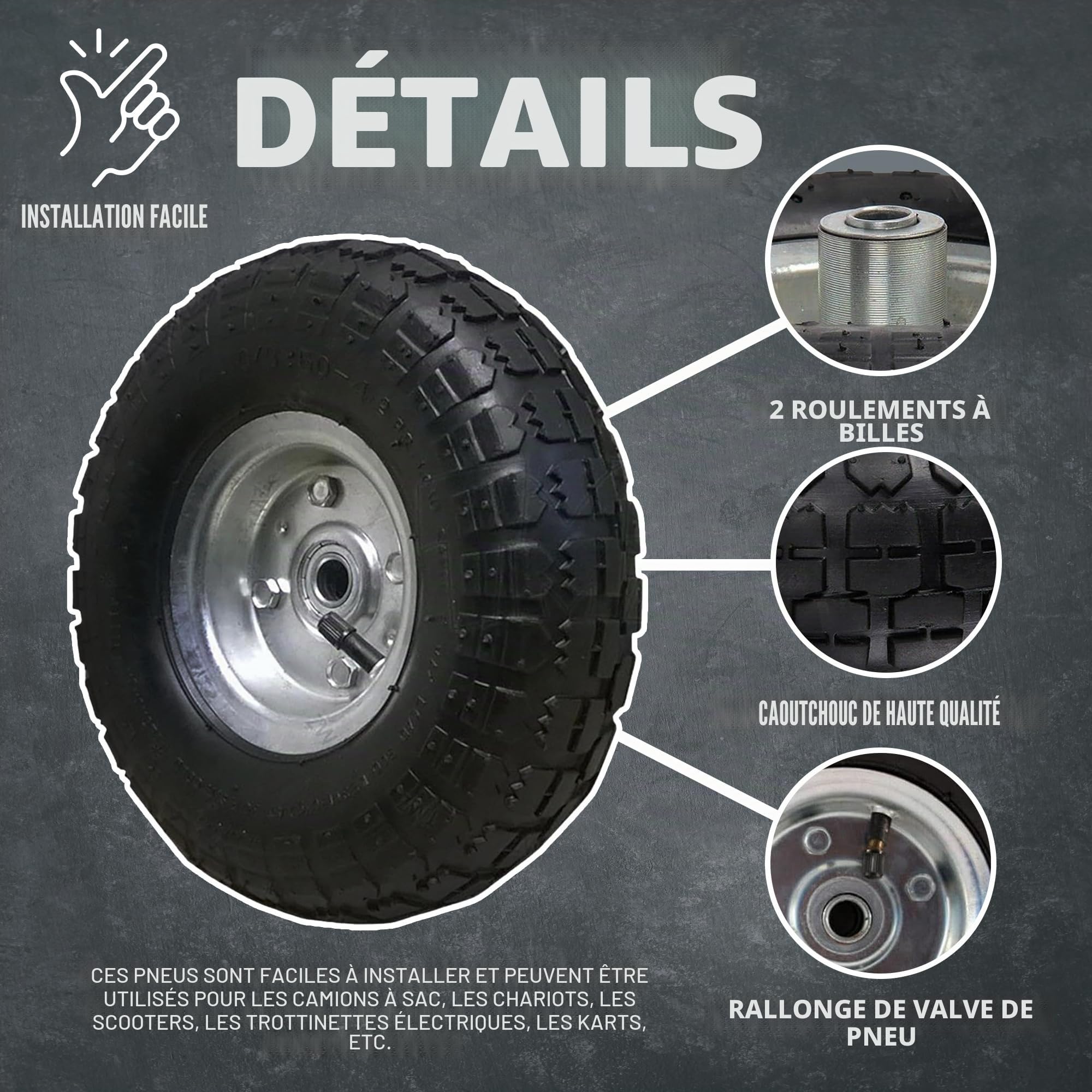 2 roues de remplacement pour brouette, diable ou chariot à main avec pneu noir 10 pouces (260 x 85 mm)