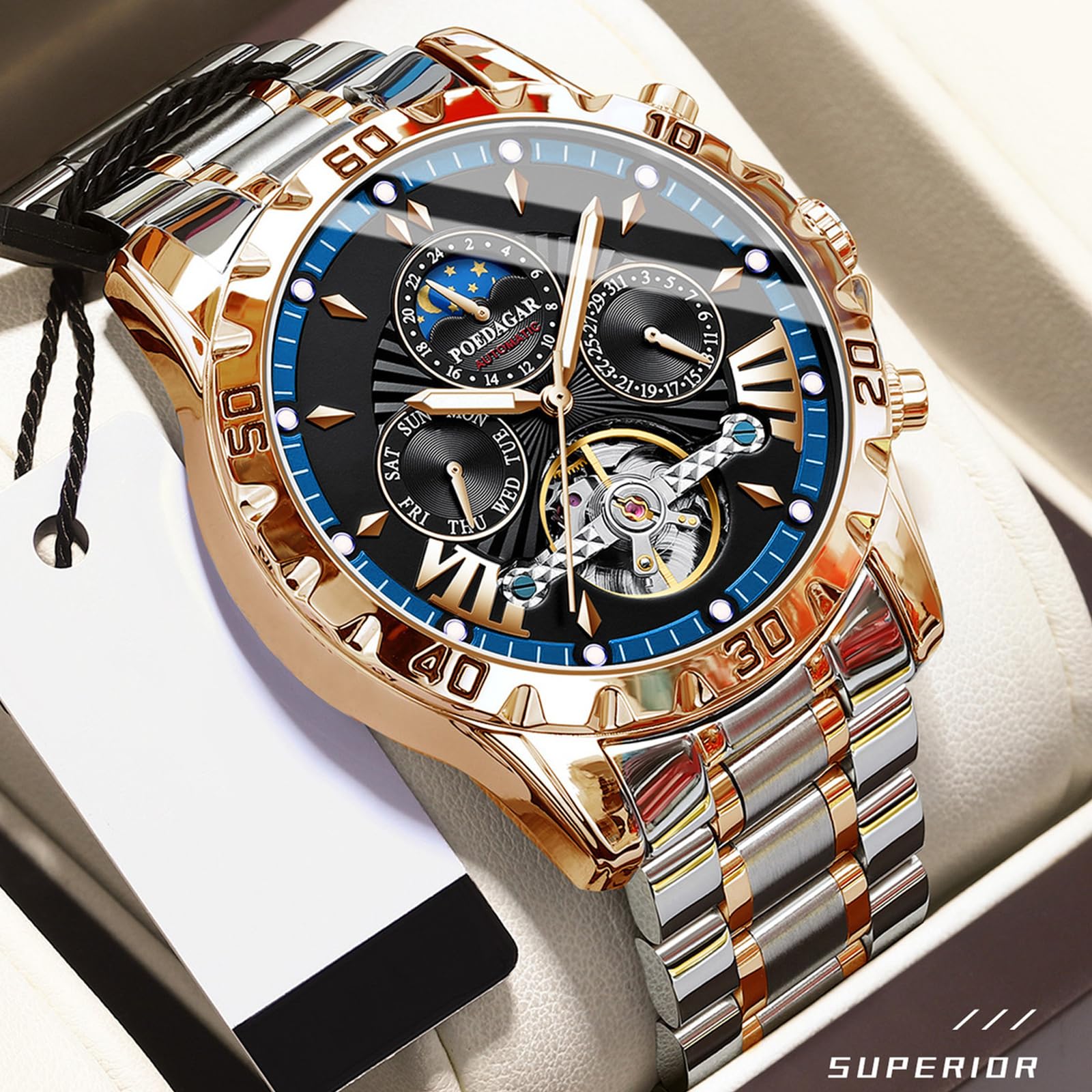 FORSINING Tourbillon Reloj de pulsera automático para hombre, correa de acero inoxidable, fase lunar, analógico, con fecha