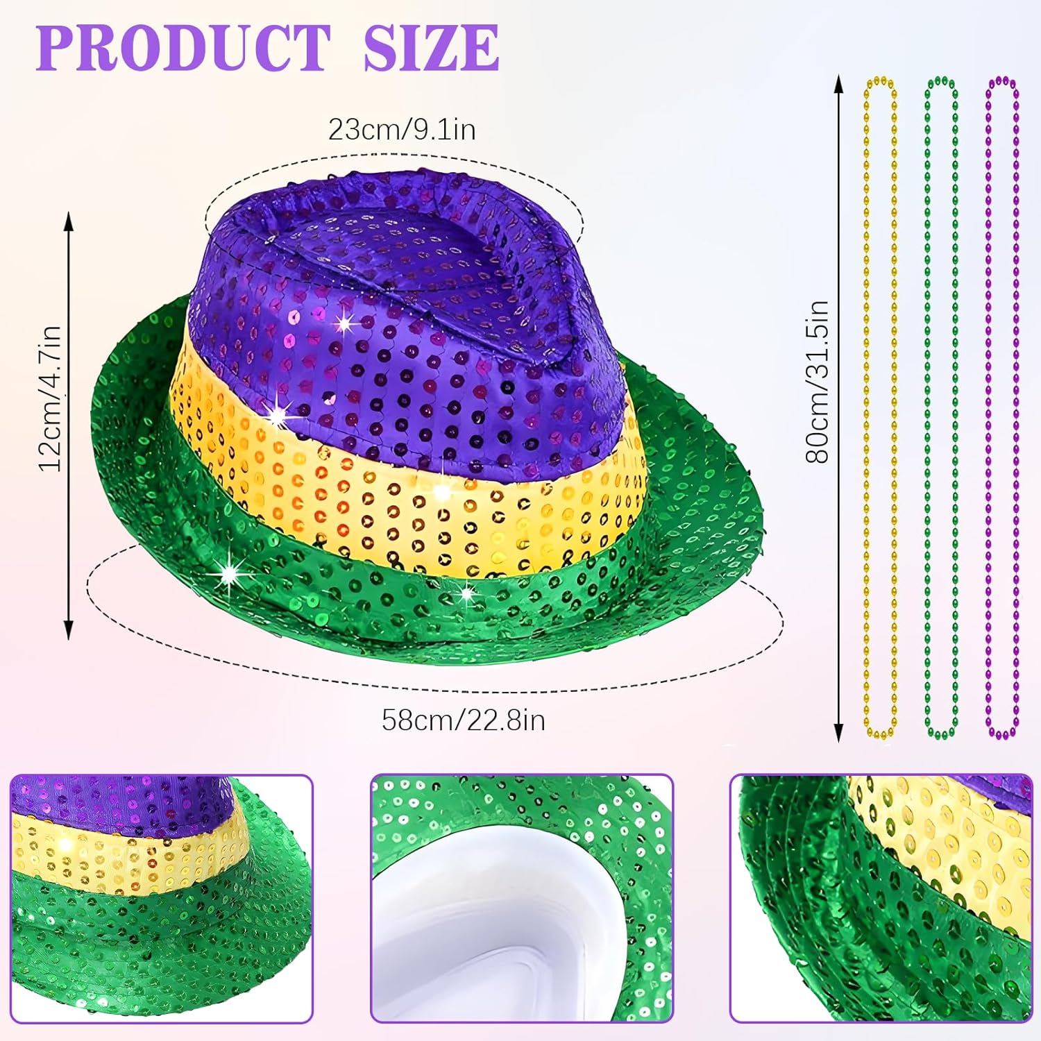 16PCS Mardi Gras Accessories Set, Sequin Fedora Hat Bow Tie Masquerade Mask Suspenders Mardi Gras Bead Necklaces for Men Costume Outfit Carnival Party - Image 2