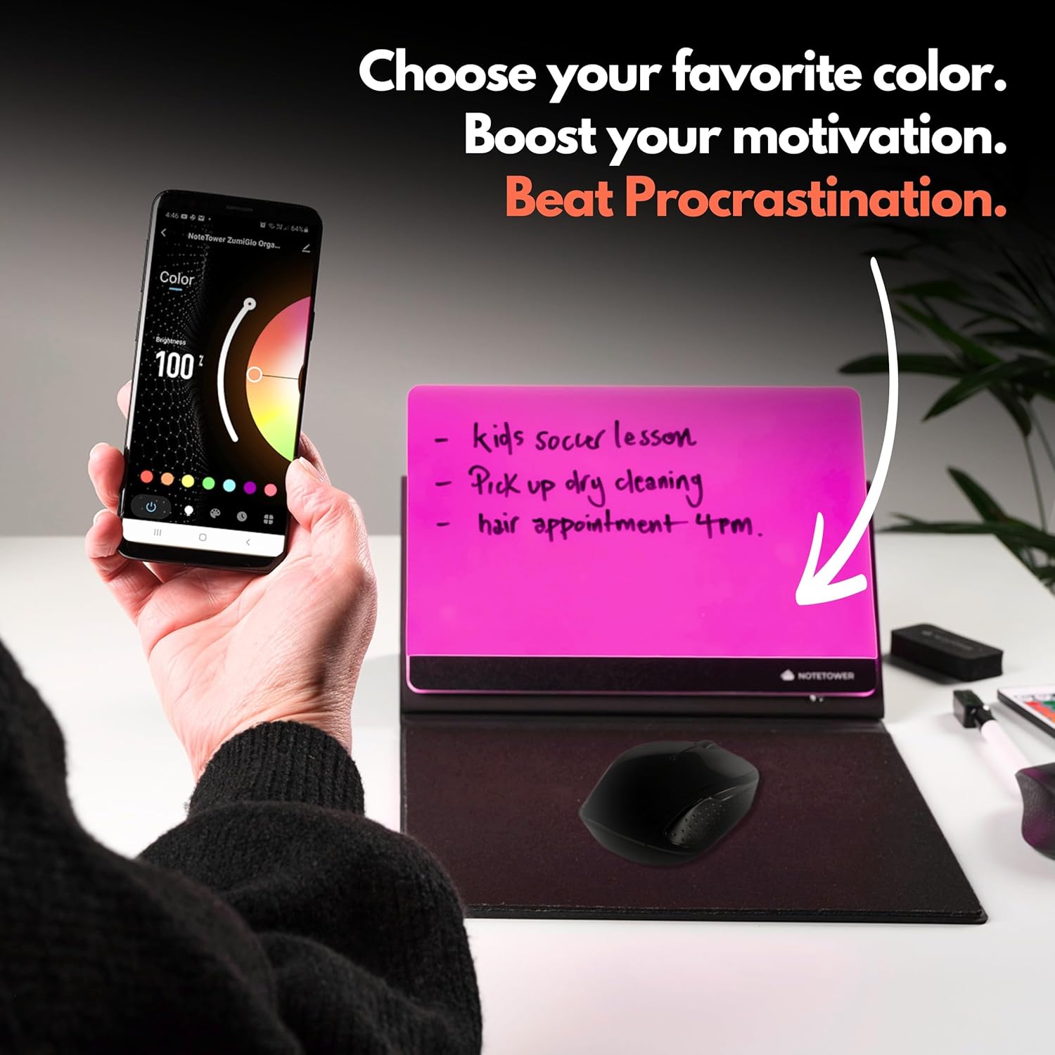 Note Tower LED Mousepad Whiteboard | Dry Erase Acrylic Board for Desk | Light Up Color White Board | Write Notes & to-Do Lists, Gaming Performance Mouse Pad, for Office, Home, School (Electric)