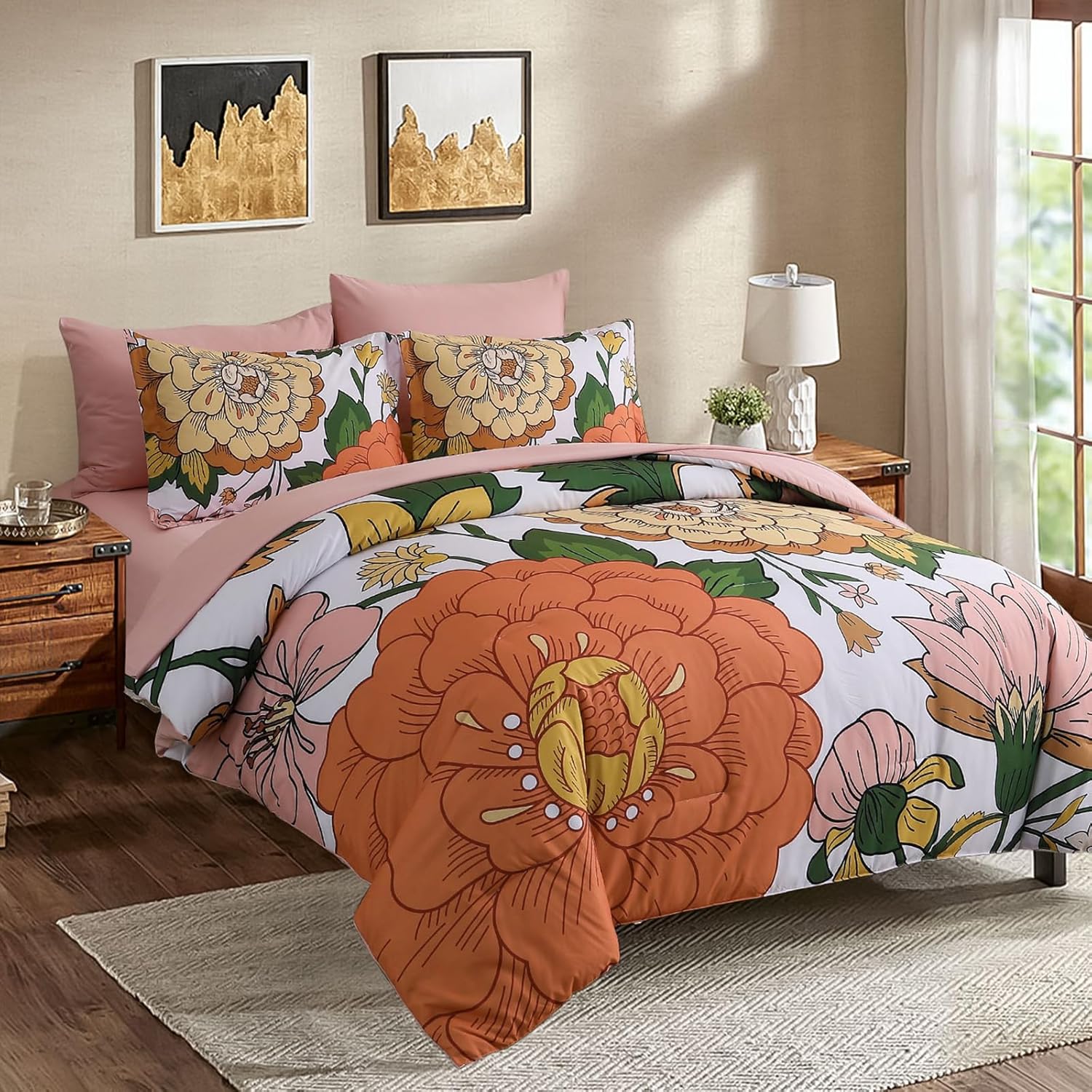 Floral Comforter Set, Pink Orange Bedding Set King Size 7 Piece Boho Chic Flower Bed in a Bag Revesible Microfiber Winter Down Alternative Bed Set with Pillowcases & Shams,Sheets - Image 2