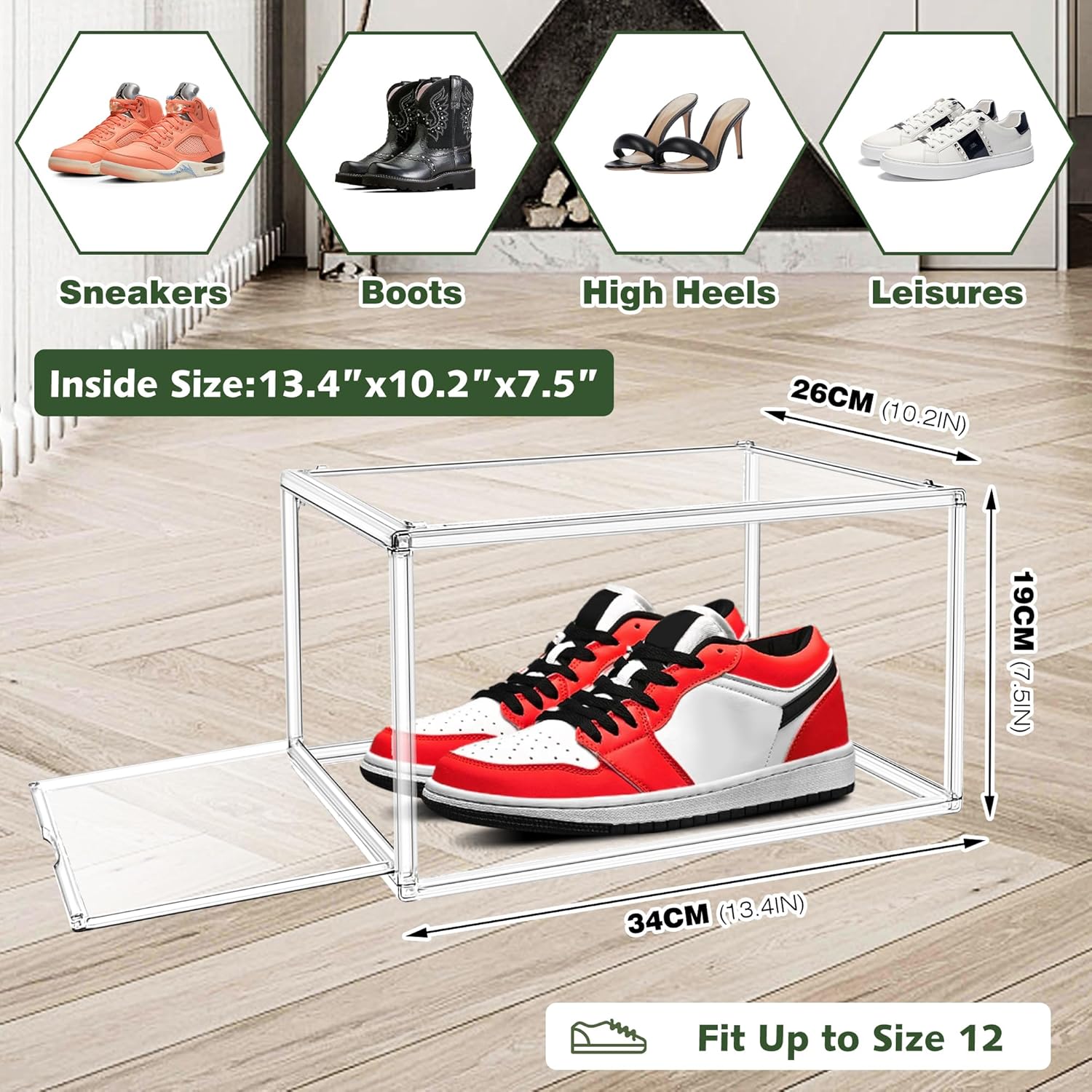 12 Pack Drop Front Acrylic Shoe Boxes with Magnetic Door Fit US Size 12, Clear Stackable Shoe Organizer for Closet, Entryway, Underbed, Multiple Display Cases for Hats, Figures, Sneakers