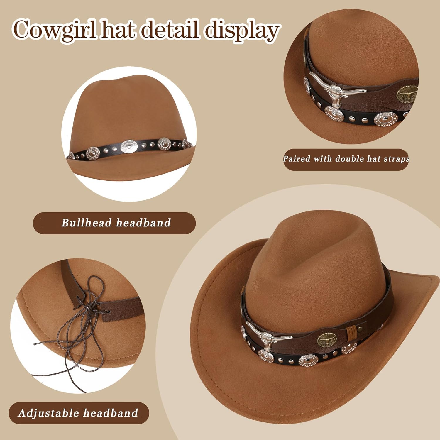 Western Cowgirl Outfits Fringe Vest Set for Women cowboy hat double hatbands Halloween Costume - Image 3