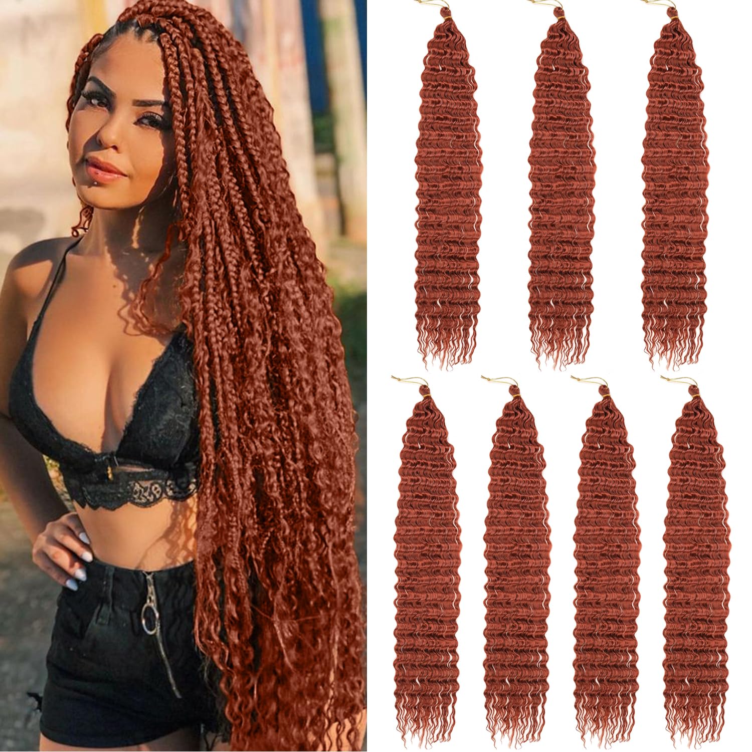ZRQ 350 Color Ocean Wave Crochet Hair 30 Inch 7 Packs Ginger Deep Wave Braiding Hair Curly Wavy Long Deep Twist Braiding Hair for Copper Red Synthetic Hair For Women #350