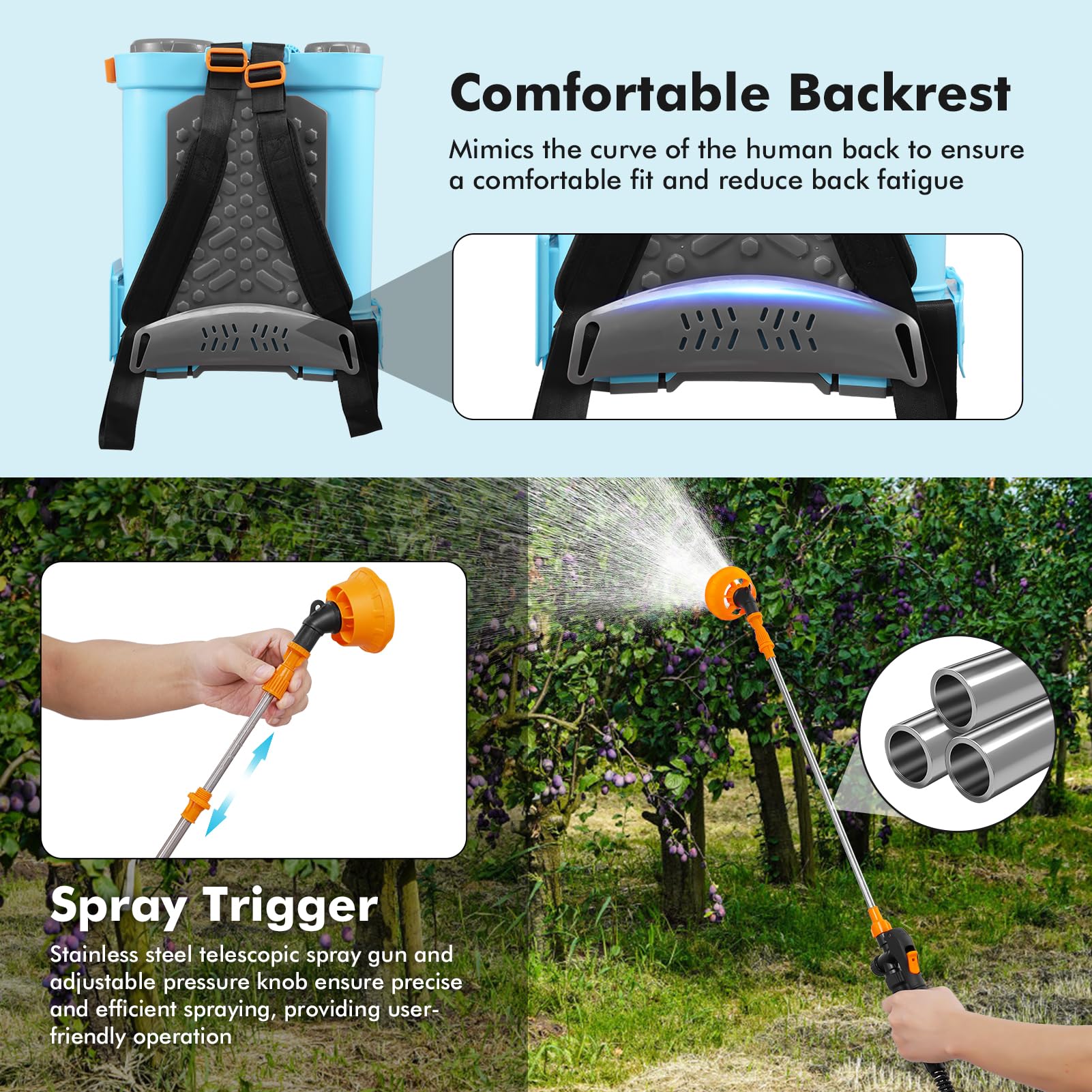 Pulverizador Electrico 16L, 0-100 PSI Pulverizador Mochila Bateria con 7 Boquillas & Caña Telescópica, 2000mAh Batterie, Sulfatadora Electrica a Bateria para Césped Jardín Techo Patio
