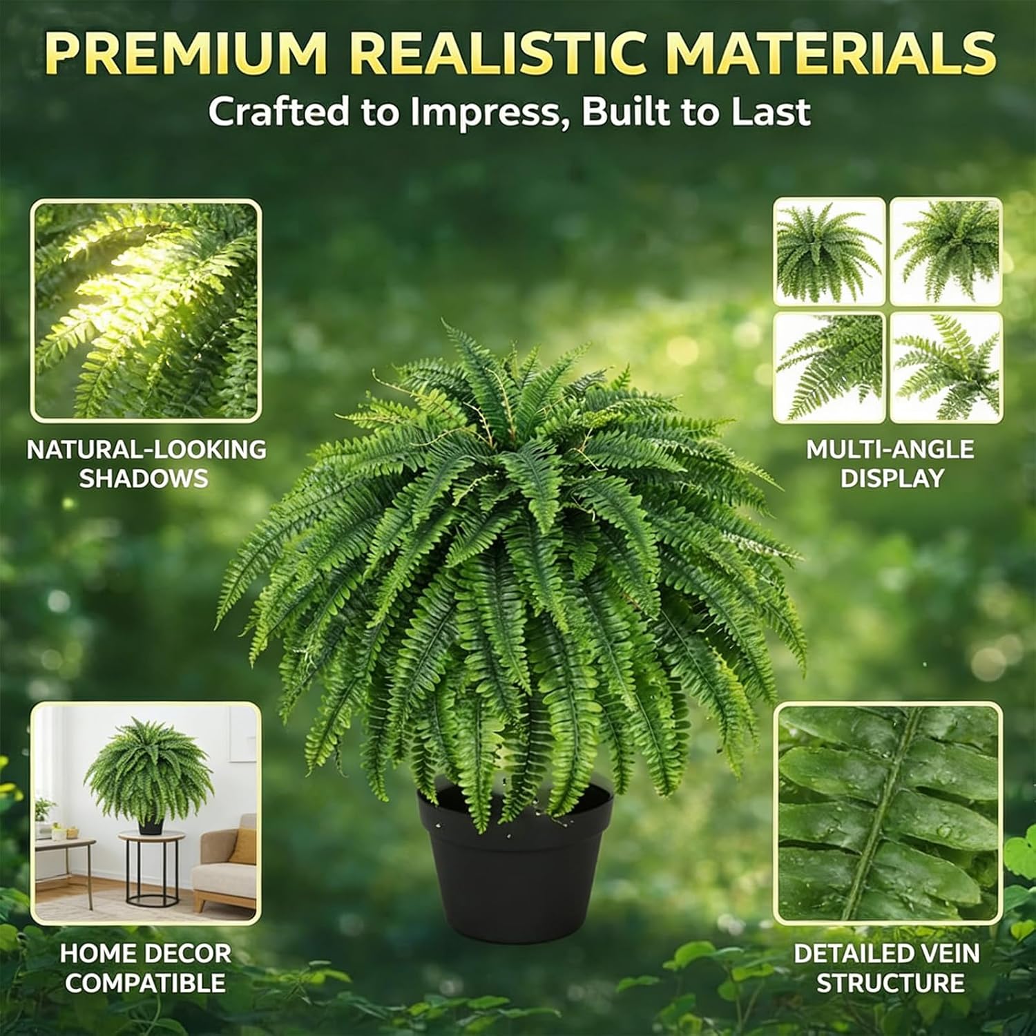 2026 UV Resistant Lifelike Artificial Boston Fern, Nearly Natural Fake Ferns, Faux Ferns for Outdoor Planter Large, 28/38/60/88 Leaves Artificial Ferns for Outdoors Home Decor (1 Pc 60 Leaves)