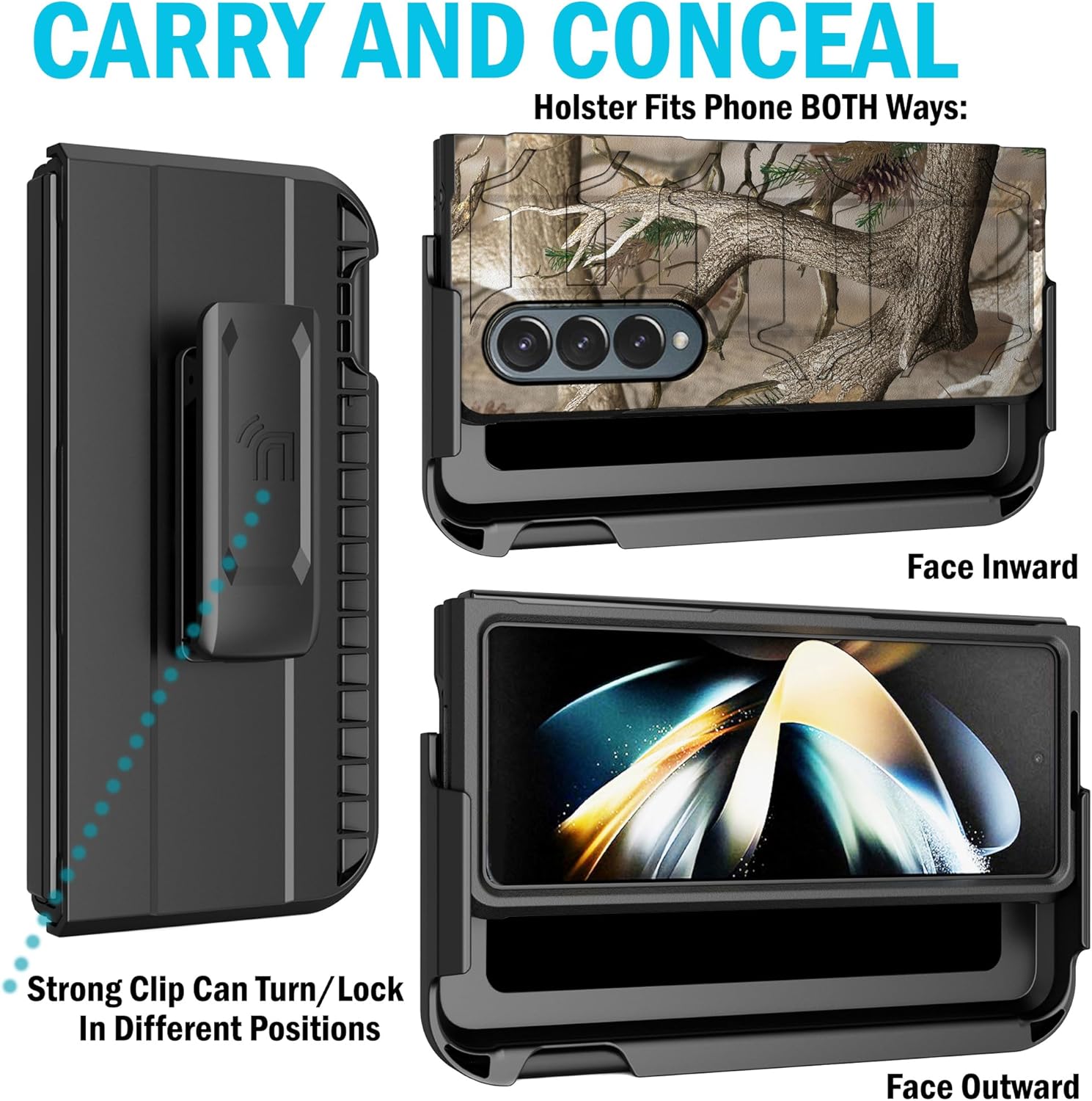 Nakedcellphone Case with Clip and S Pen Slot for Galaxy Z Fold 4 5G, Tactical Cover and Belt Hip Holster View Stand Combo for Samsung Z Fold4 Phone (SM-F936U, 2022) - Outdoor Camo Tree Real Woods