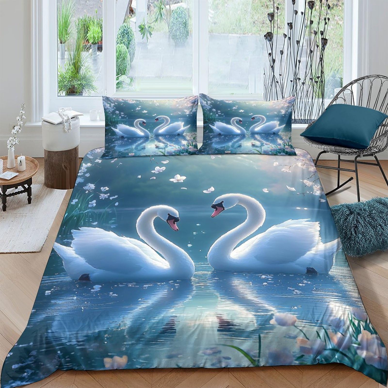 Ctjqhvkz Style-3 3D Printed Swan Lake Fitted Sheet Microfiber Soft Blue Water Reflection Bed Cover For Bedroom Guestroom Decor Mattress Protection Single（135X200cm）