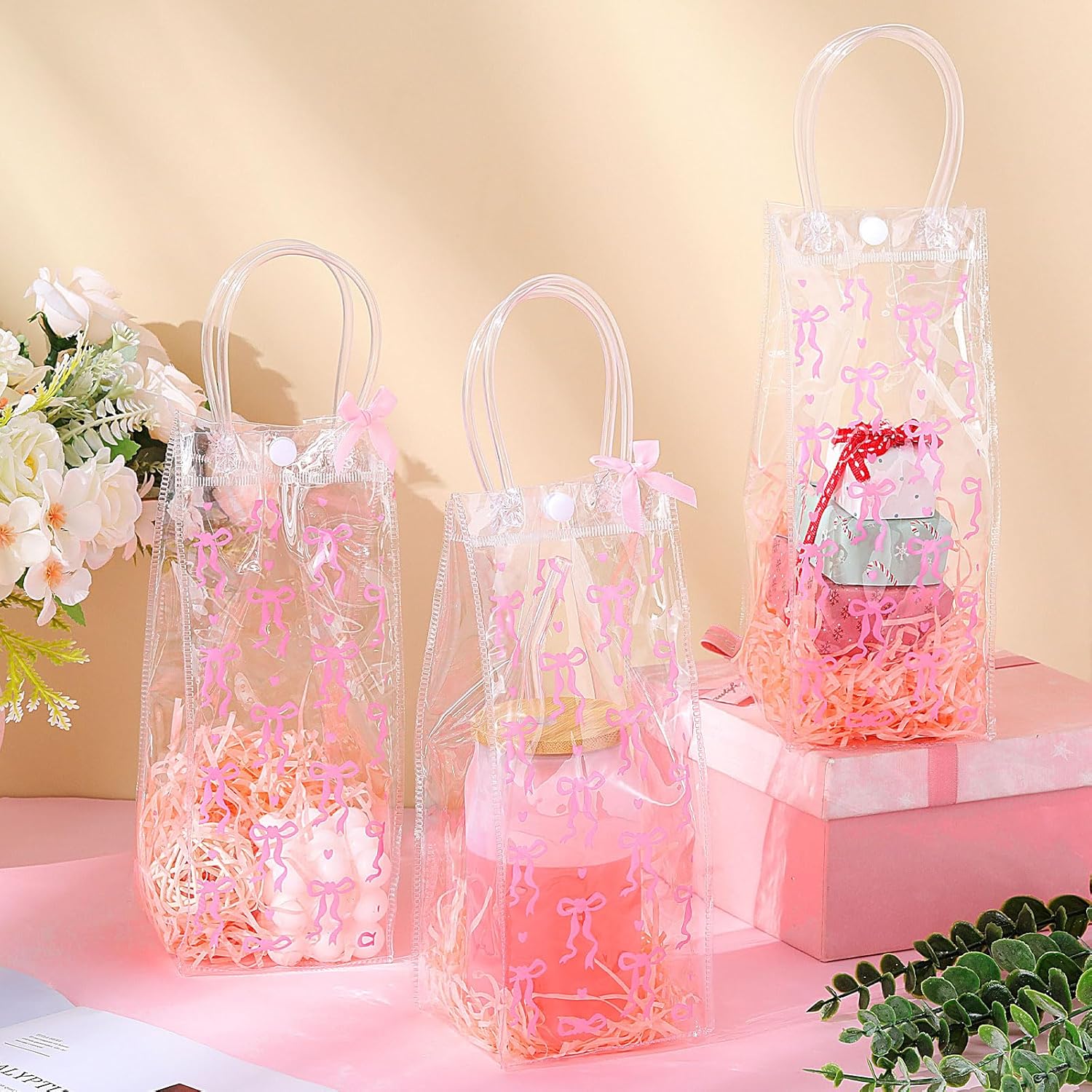 Sweetude 12 Pcs Pink Bow PVC Clear Gift Bag with Handle Ribbon Bowknot for 12oz 16oz 20oz Drinking Glasses Jars Tumbler Treat Gift Bag Reusable Bowtie Coquette Aesthetic Wedding Birthday Favor - Image 2