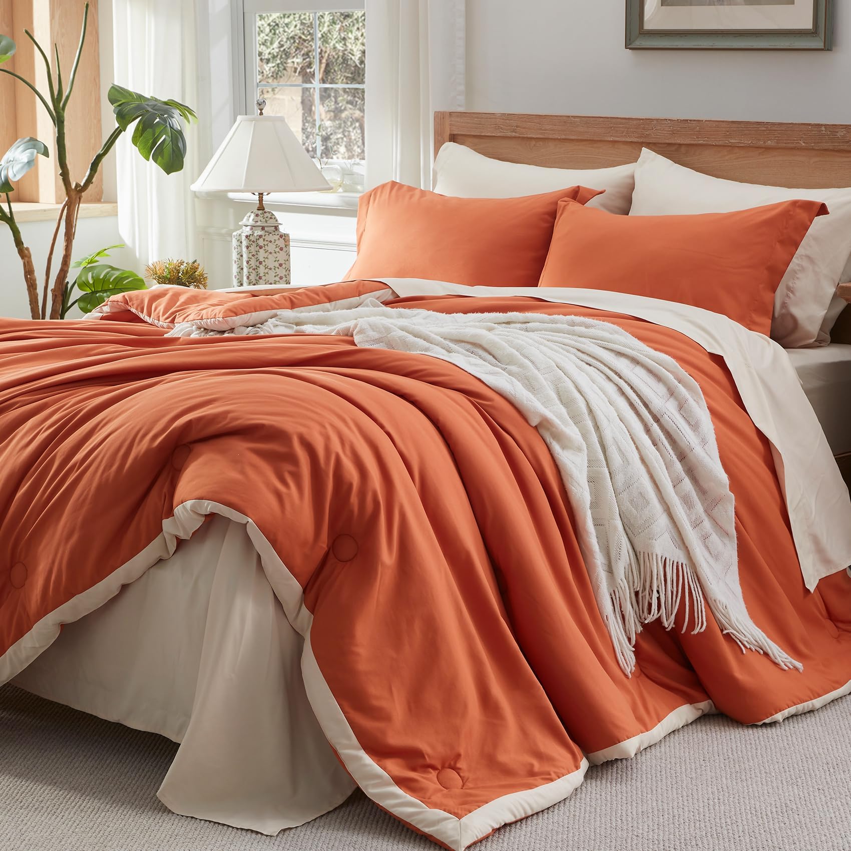 AMBERSPACE Burnt Orange Comforter Set King, Textured Design