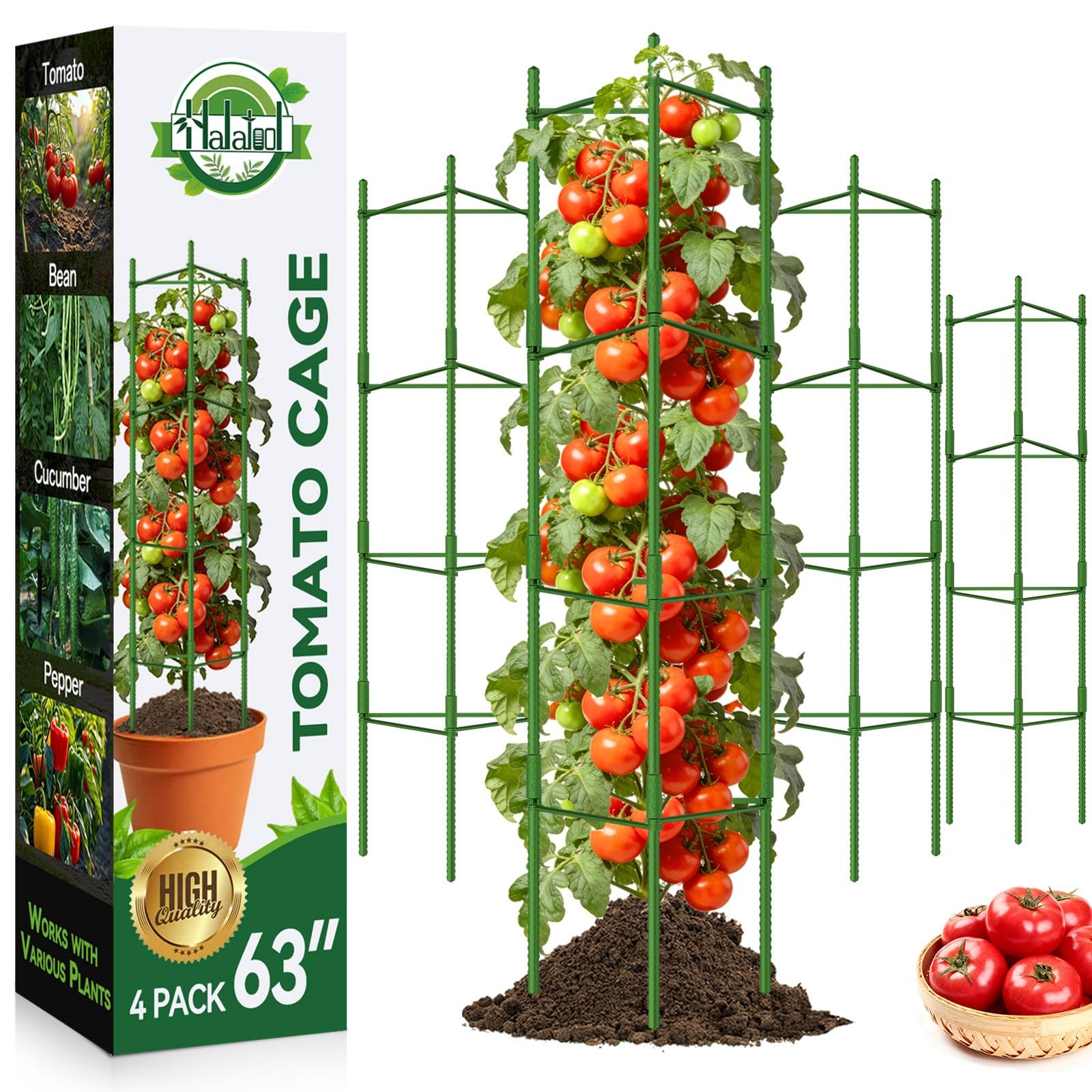 Halatool 4 paquetes de jaulas de tomate de 5.2 pies de enrejado de tomate extensible con 100 lazos torcidos jaulas de tomate altas con brazos ajustables a presión para verduras (2 hebillas)