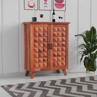 DRIFTINGWOOD Solid Wood Bar Cabinet Wine Storage Rack with Drawer & Glass Holder, Sheesham Wood for Home and Bar Furniture Color - Honey