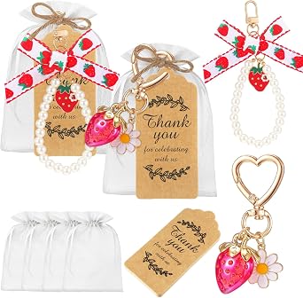 Ecation 20 Set Strawberry Keychain Party Favor Gift Set for Women Cute Key Chain Bag Charm Accessories with Thank You Card