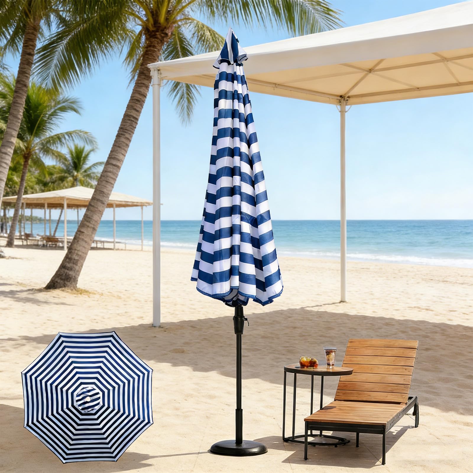 ACESOME Housse de rechange pour parasol - 2 m, 2,7 m, 3 m - Côtes 6/8 - Pas de support de parasol - Auvent de rechange - Pour cour, jardin, piscine (bleu et blanc, 3 m/8 côtes)