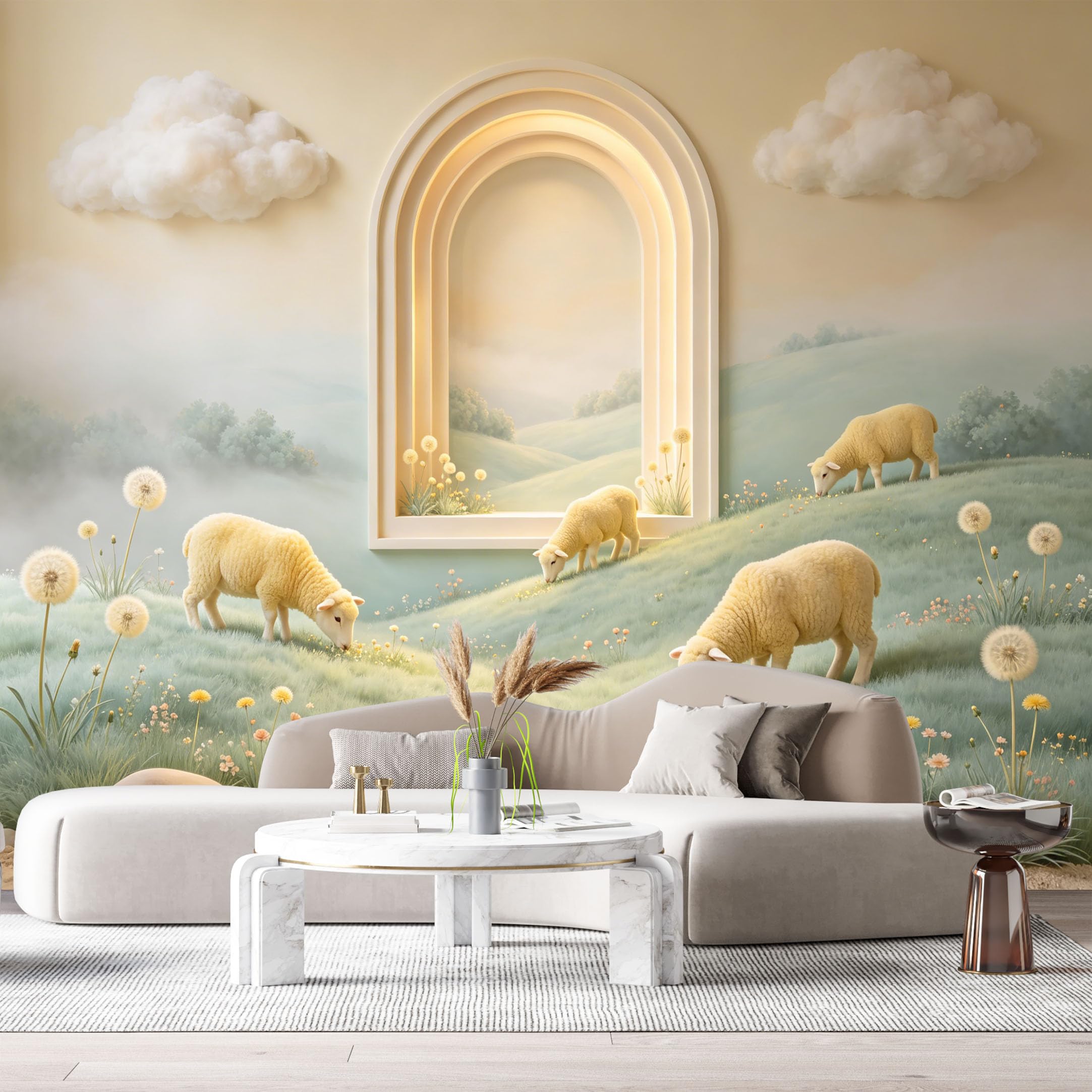 Custom Size Wall Murals Pastoral Sheep Landscape Arch Window 3D Trompe L'Oeil SelfAdhesiveWall Fabric Removable Wallpaper Wall Decor for Living Room Bedroom Bathroom