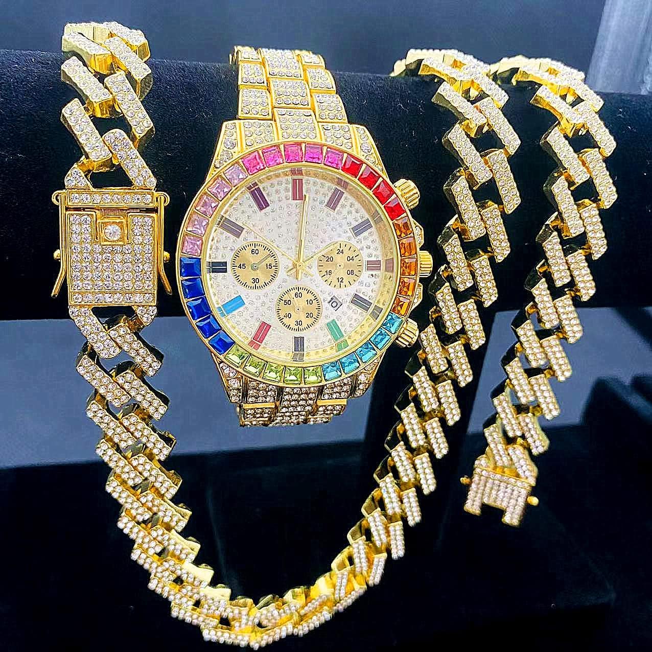 3PC Multicolour Watch + Necklace + Bracelet Hip Hop Luxury Iced Out Micro Pave 3 Piece Unisex Jewelry Set Miami Cuban Link Chain Gold Watch for Men Women