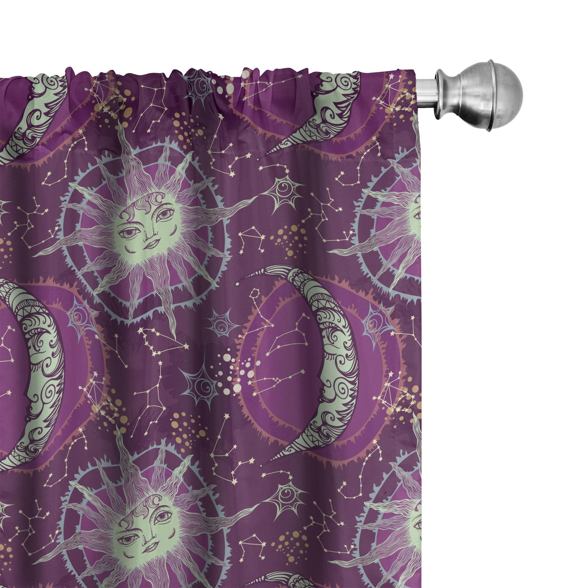 Lunarable Sun and Moon Window Curtains, Celestial Fantasy Composition with Constellations on Purple Backdrop, Lightweight Decor 2-Panel Set with Rod