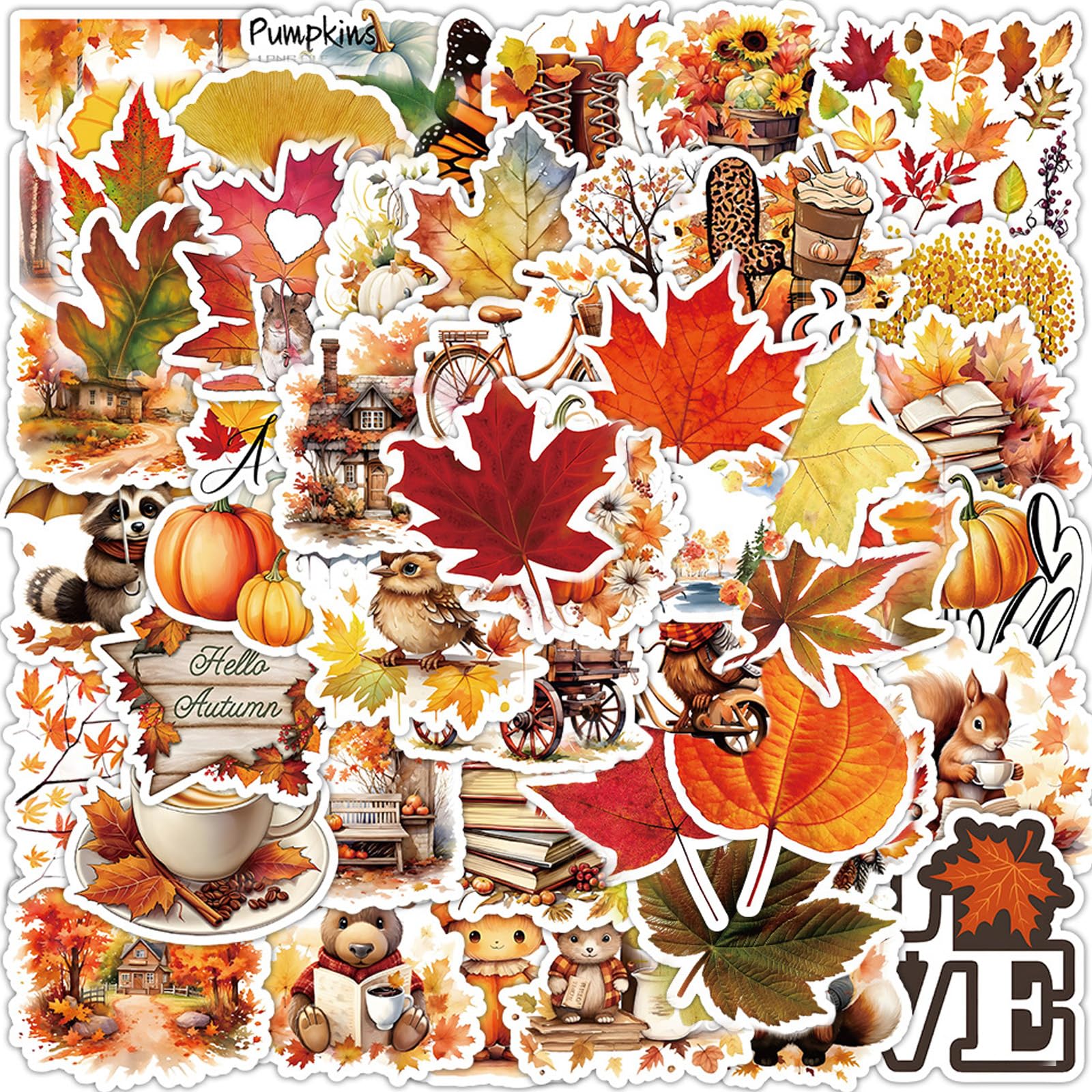 BSITSSS 100 PCS Autumn Scrapbook Stickers, Fall Maple Leaf Pumpkin Stickers for Scrapbooking, Autumn Leaves Animals Scrapbooking Stickers for Laptop Car Scrapbook Phone Skateboard Water Bottle Phone