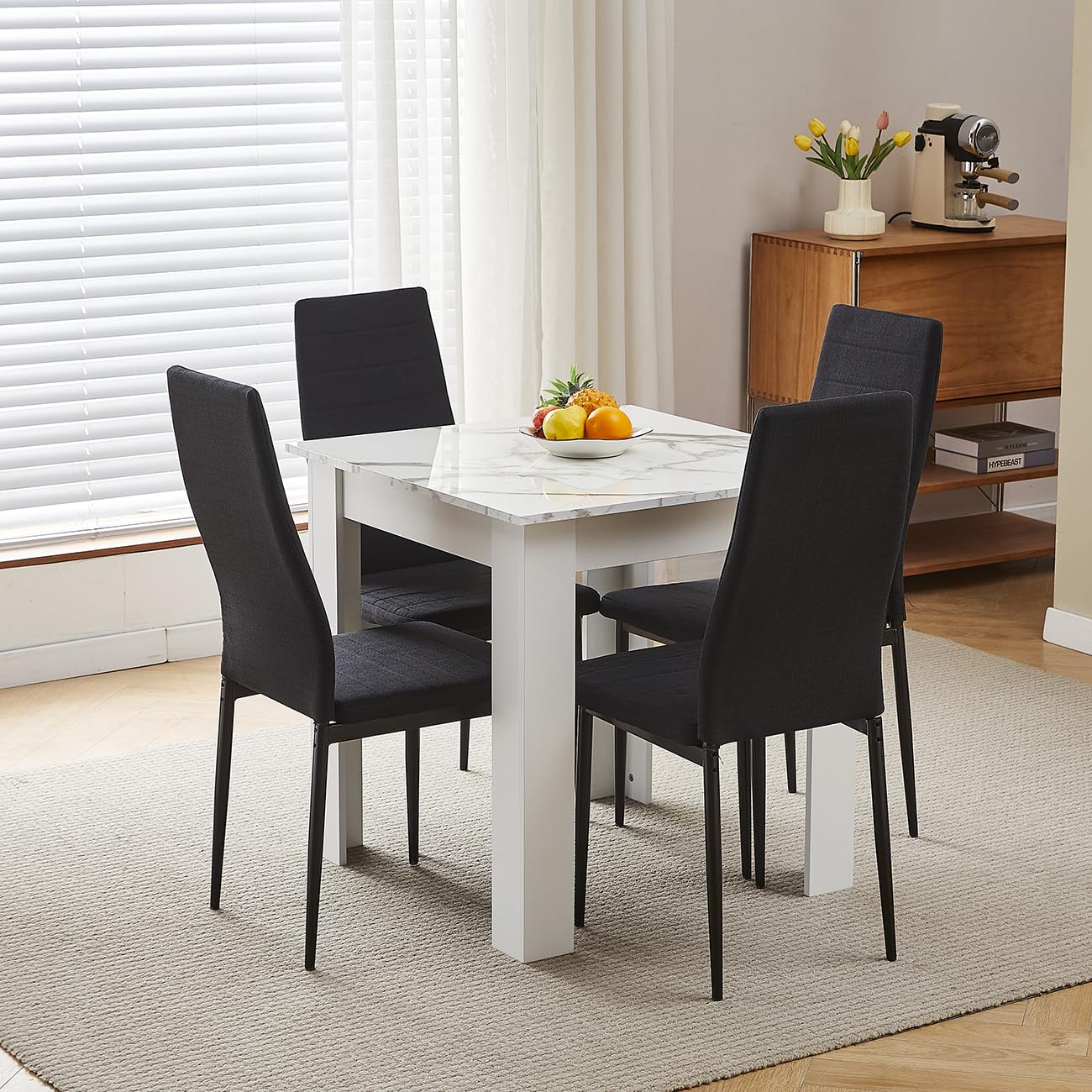 Homullel 75x75 cm Small Dining Table and 4 Chairs, 4 Seater Table and Chairs Set Kitchen Dining Room Set for 4, Compact, Space Saving, Wooden, Glossing Tabletop Marble-White (4 Seats, Linen Black)
