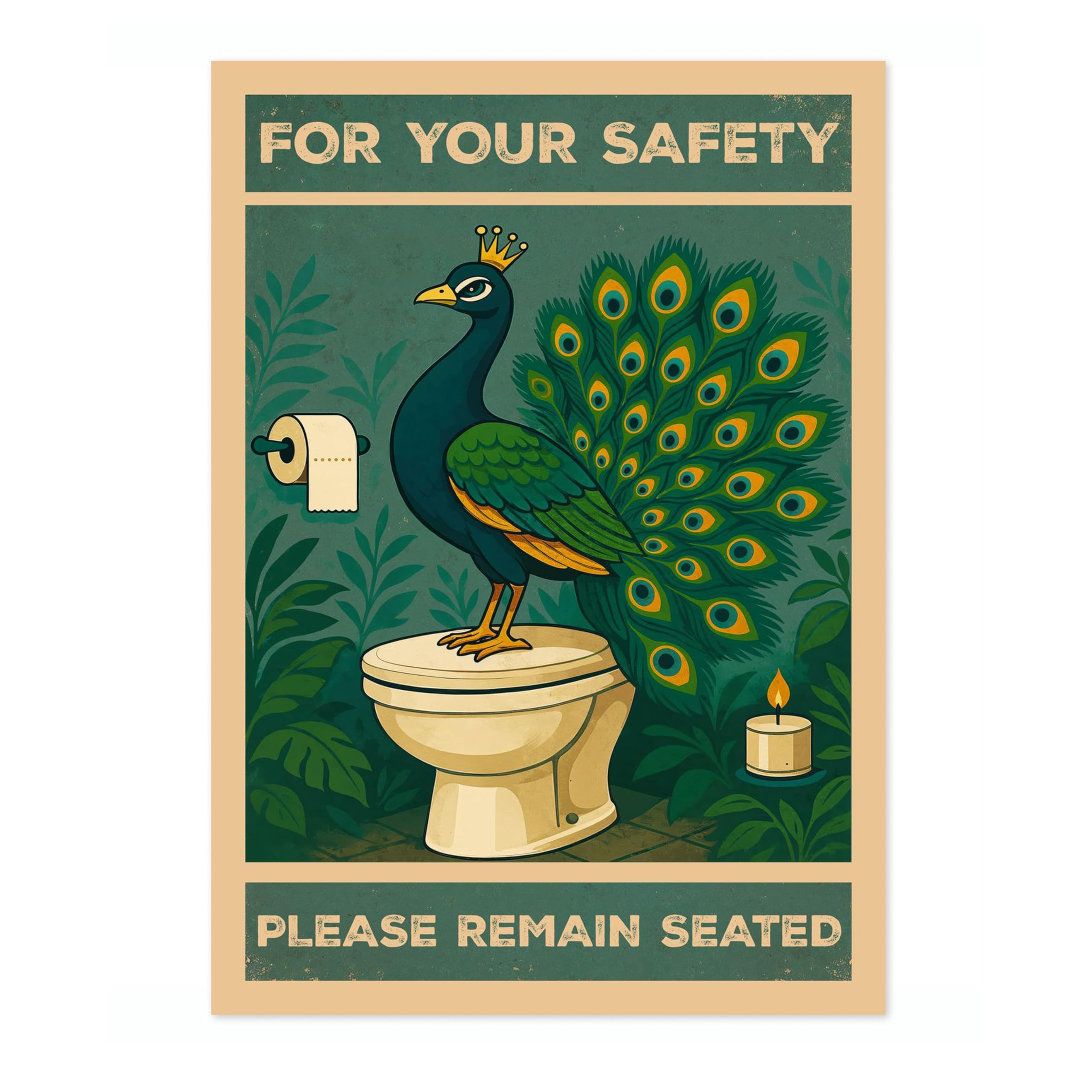 For Your Safety, Please Remain Seated Poster, Retro Animal Bathroom Print, Comedy Toilet Wall Art, A1 (Print Only) - 84.1x59.4cm