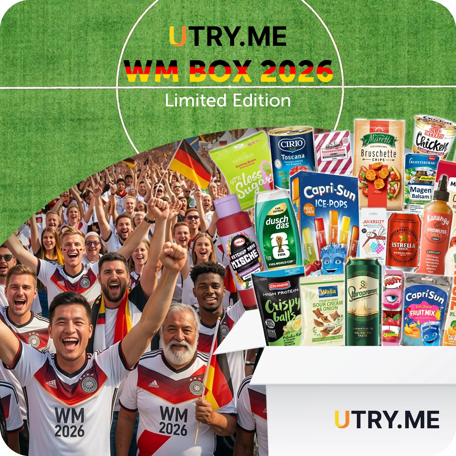 Utry.me WM-Box für Fußballabende mit Top-Marken - Snacks und Drinks mit über 50€ Warenwert - kuratierte Snackbox mit süßen und salzigen Knabberartikel sowie Getränke