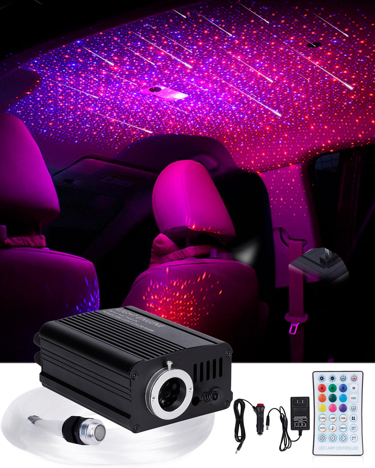 Starlight Headliner Kit, 16W RGBW Fiber Optic Starlight Engine, 0.03 inch x 9.8 ft, 750 Filaments (Including 200 Shooting Stars), Car Ceiling Projector