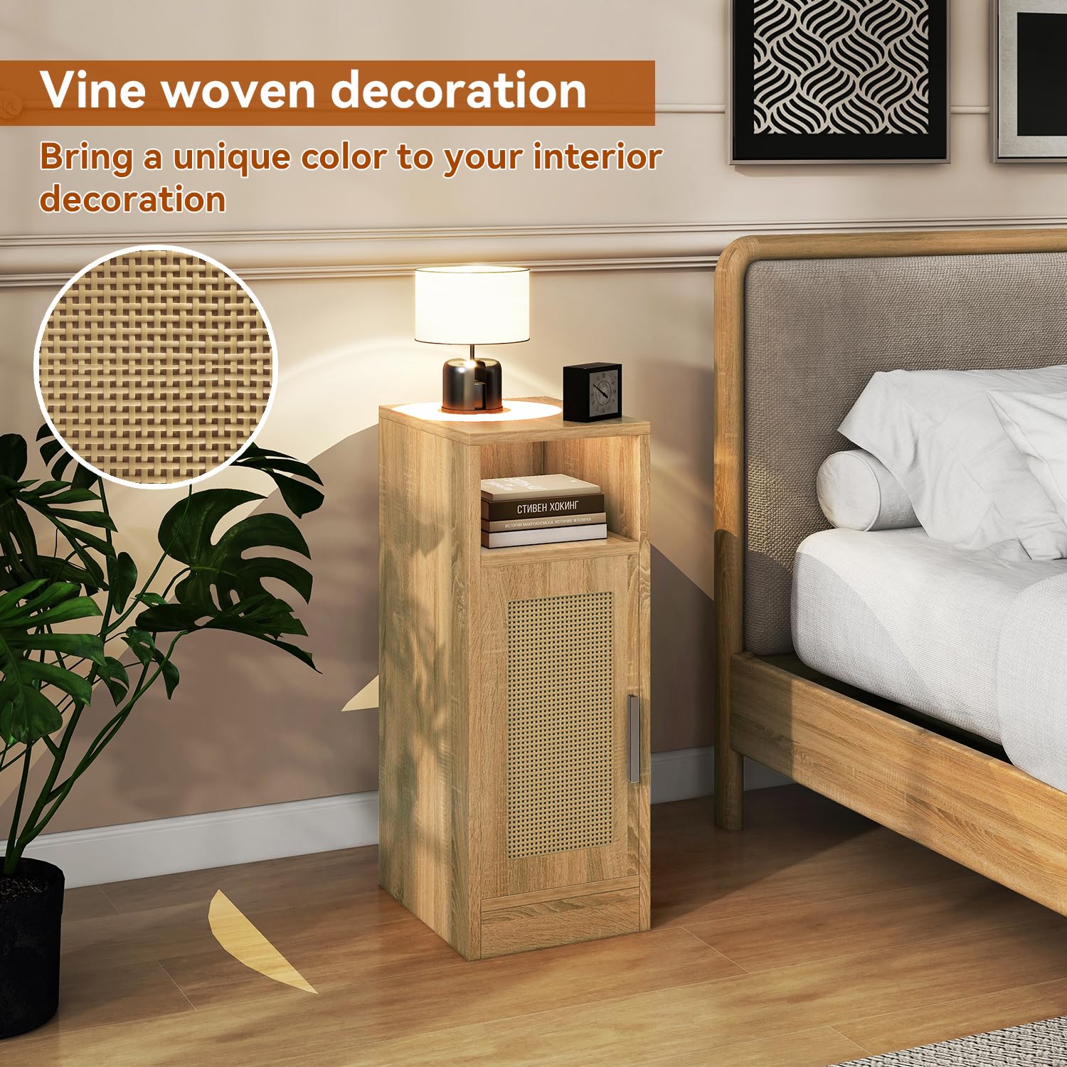 IBUYKE Ensemble de 2 Tables de Chevet Fines, Table de Nuit en rotin avec Compartiments Ouverts et Placard pour Petits espaces, Petite Table d'appoint étroite pour Chambre à Coucher et Salon, Naturel
