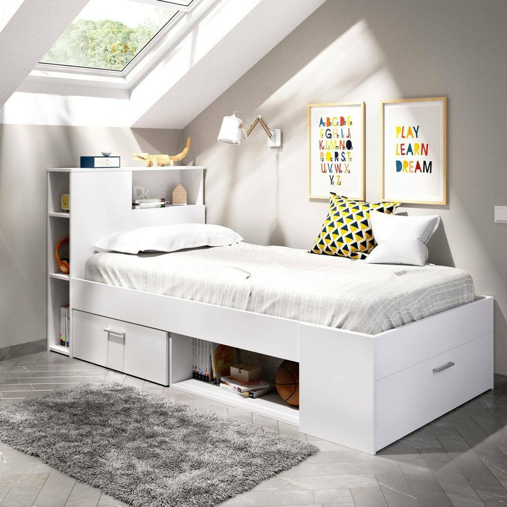 DEKIT GRUPO RIMOBEL Lanka, Letto compatto 90 x 190 con cassetti, bianco, 96 x 99 x 218 cm