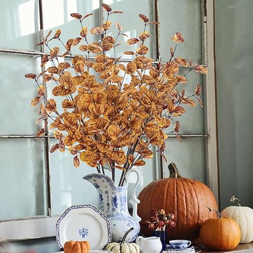 Miniatura 5 de unlemoni 6 tallos de eucalipto artificiales de otoño, hojas de decoración de otoño, ramas de eucalipto falsas de seda para florero, boquets, otoño,