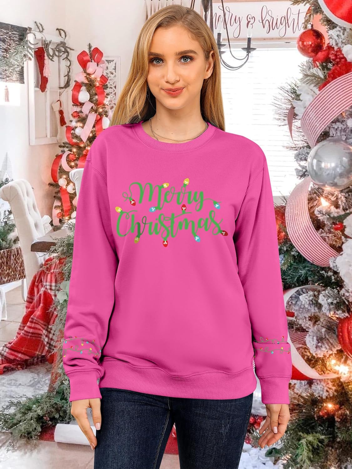 Womens Christmas Sweatshirts Long Sleeve Merry Christmas Sweater Crewneck Xmas Holiday Shirt Pullover Tops - Image 6