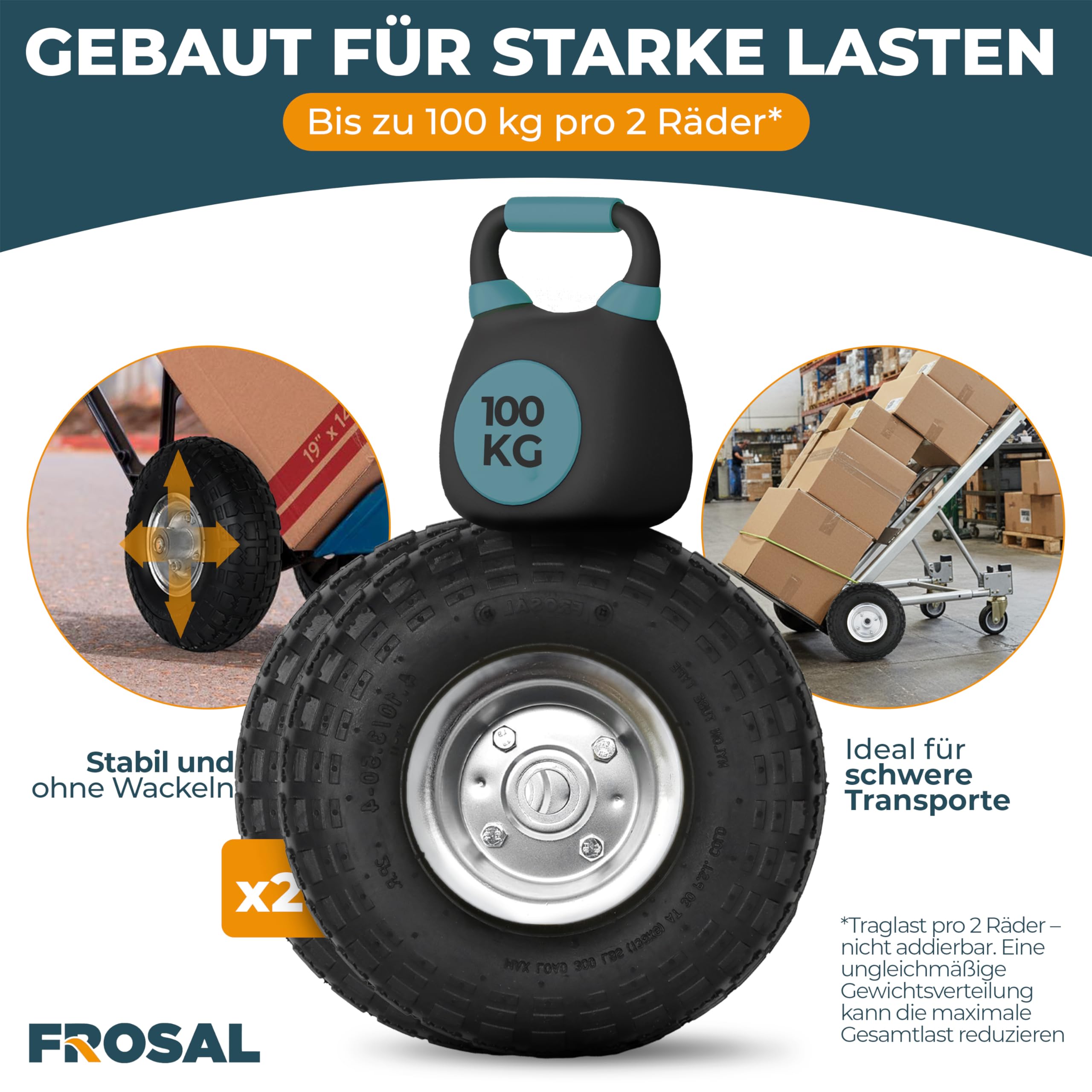 FROSAL Roue de secours en PU 4.10/3.50–4 – Lot de 2 – Roue anti-crevaison avec jante en acier et roulement à billes – Pneumatique plein sans entretien – Diamètre de l'axe 16 mm, longueur de la roue 55