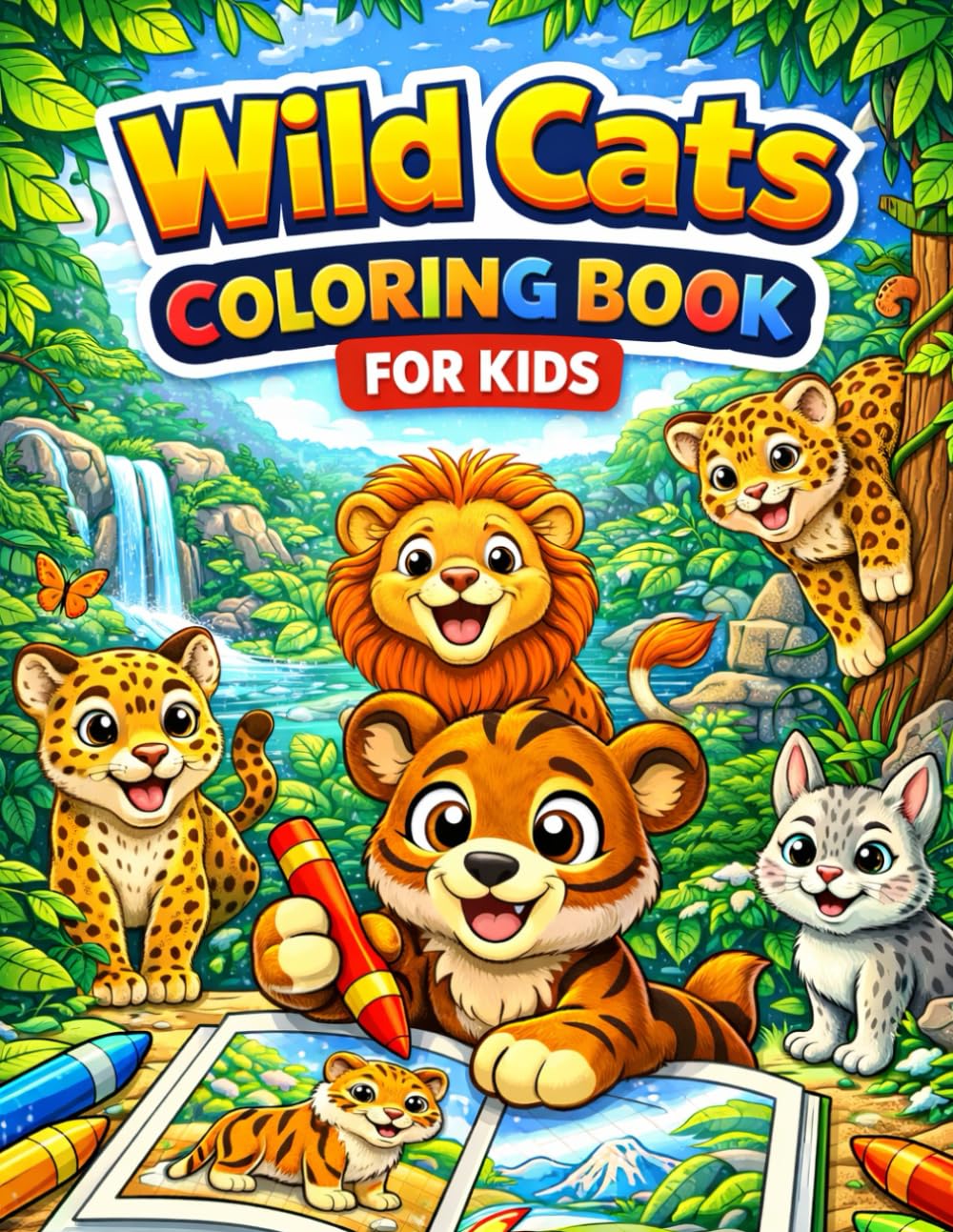 Wild Cats Coloring Book for Kids: Fun & Easy Big Cat Coloring Pages for Kids Ages 3–8 Lions, Tigers, Leopards, Cheetahs & More Wild Animals