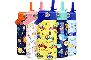 SANDJEST 12oz Insulated Stainless Steel Kids Cars Water Bottle with Straw Lid