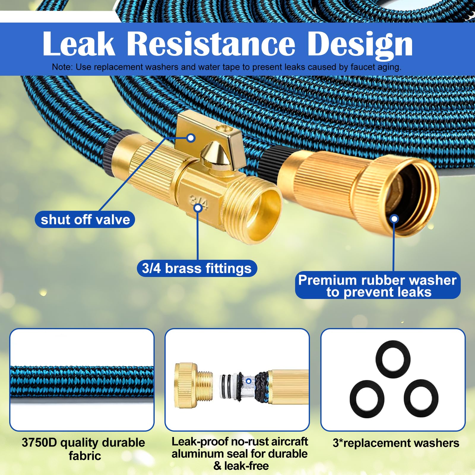 Expandable Garden Hose 100ft Water Hose with 10 Function Nozzle Flexible Expending Hose Kink Free,3-Layers Latex and 3/4 Solid Solid Fittings Retractable Collapsible Gardening Hose Pipe with Hook Blue - 3