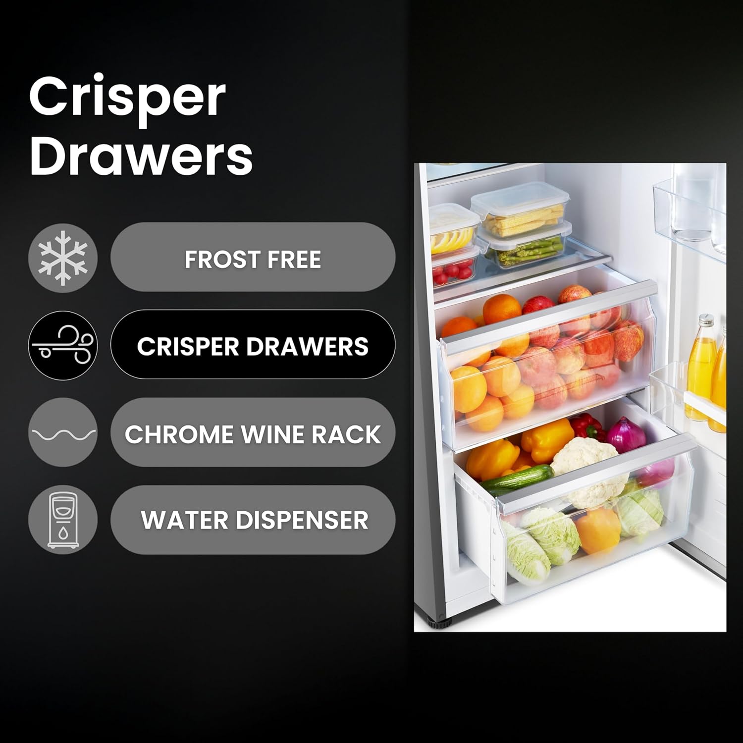 Atitany view showing the transparent crisper drawers filled with fresh produce.