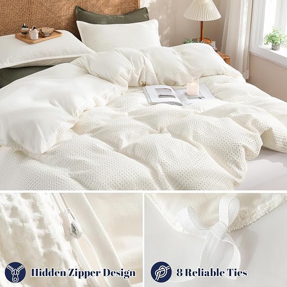 PHF Soft Waffle Duvet Cover Queen Size- Durable Breathable Waffle Weave Duvet Cover(90x90) with 2 Pillow Shams, 3 Pieces Luxury Textured Bedding Set for All Season, Cream