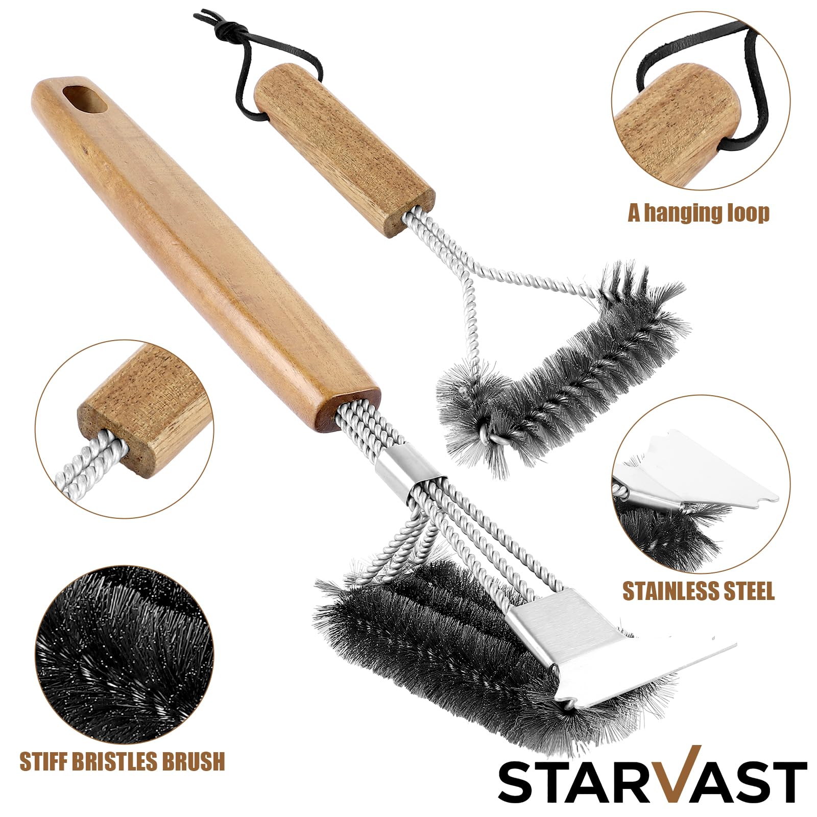 Brosses de nettoyage barbecue 39 cm manche bois acier inoxydable Lot de 4