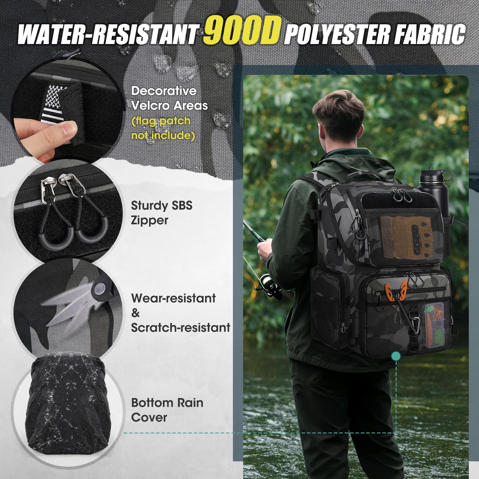 RAINSMORE Mochila de Pesca 45L con Soporte para Cañas y Funda de Lluvia, Impermeable Bolsa de Aparejos Gran Capacidad para Pescadores, Camuflaje