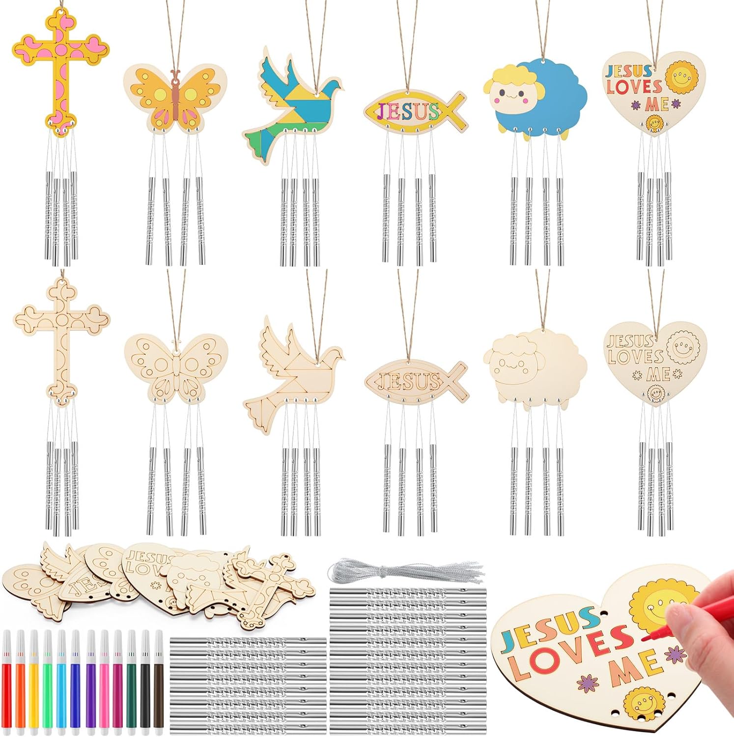 Blueweenly 24 Pcs Wood Christian Crafts for Kids Religious Bible Vbs Sunday School Craft Jesus Loves Me Ornament DIY Wind Chime Kit with Marker for Easter Art Party Decor Gift(Multiple Styles)