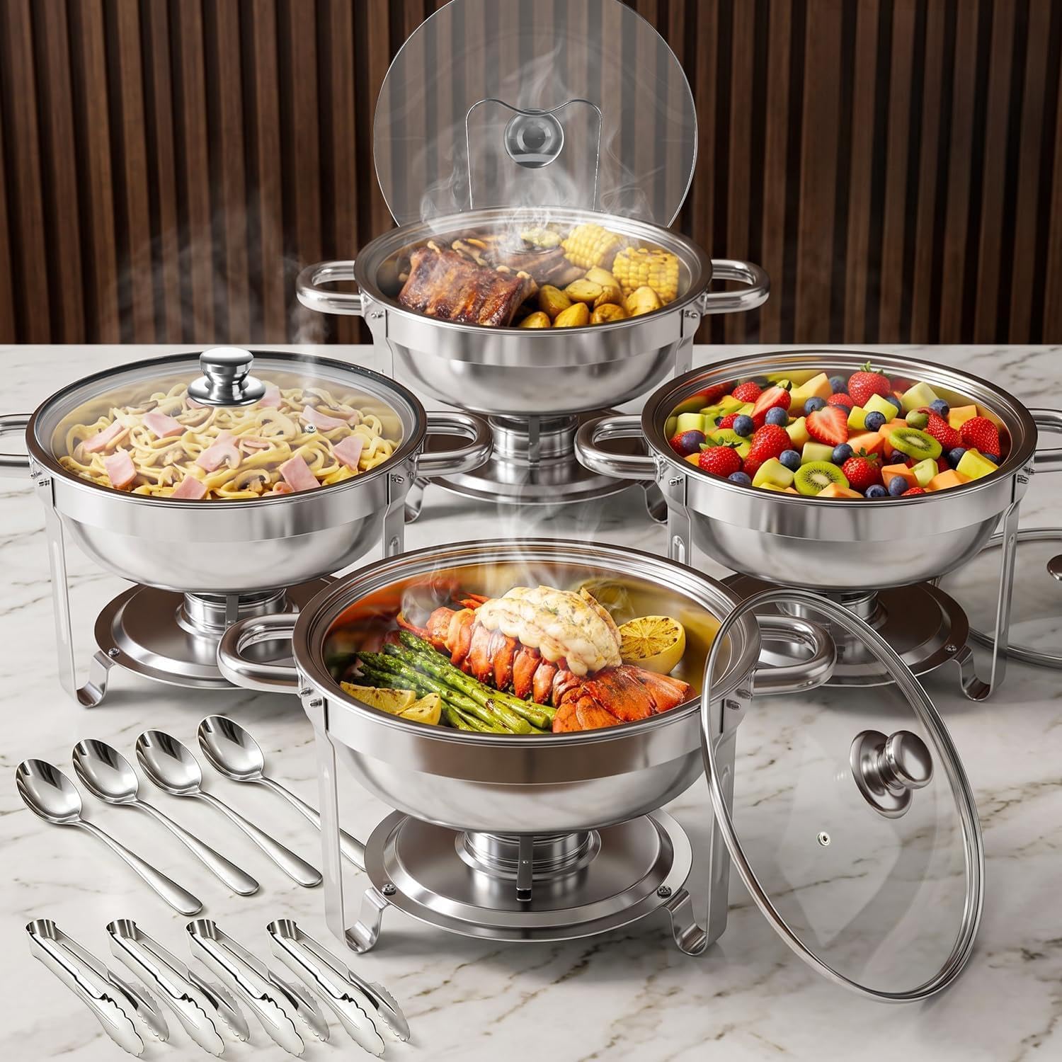 Chafing Dishes for Buffet, 4 Pack 5QT Stainless Steel Round Buffet Servers and Warmers, Buffet Warmer Set with 4 Serving Tongs & Spoons, Food Warmers for Parties, Weddings, Catering Events