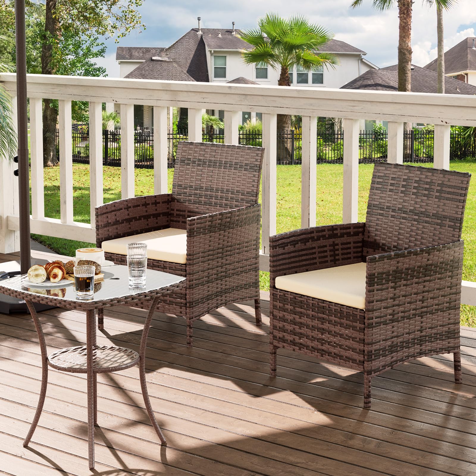UDPATIO Salon de Jardin Exterieur 2 Fauteuils avec Coussin et 1 Table Basse en Verre trempém, Canapé de Jardin en rotin pour Le Jardin et la terrasse, Marron