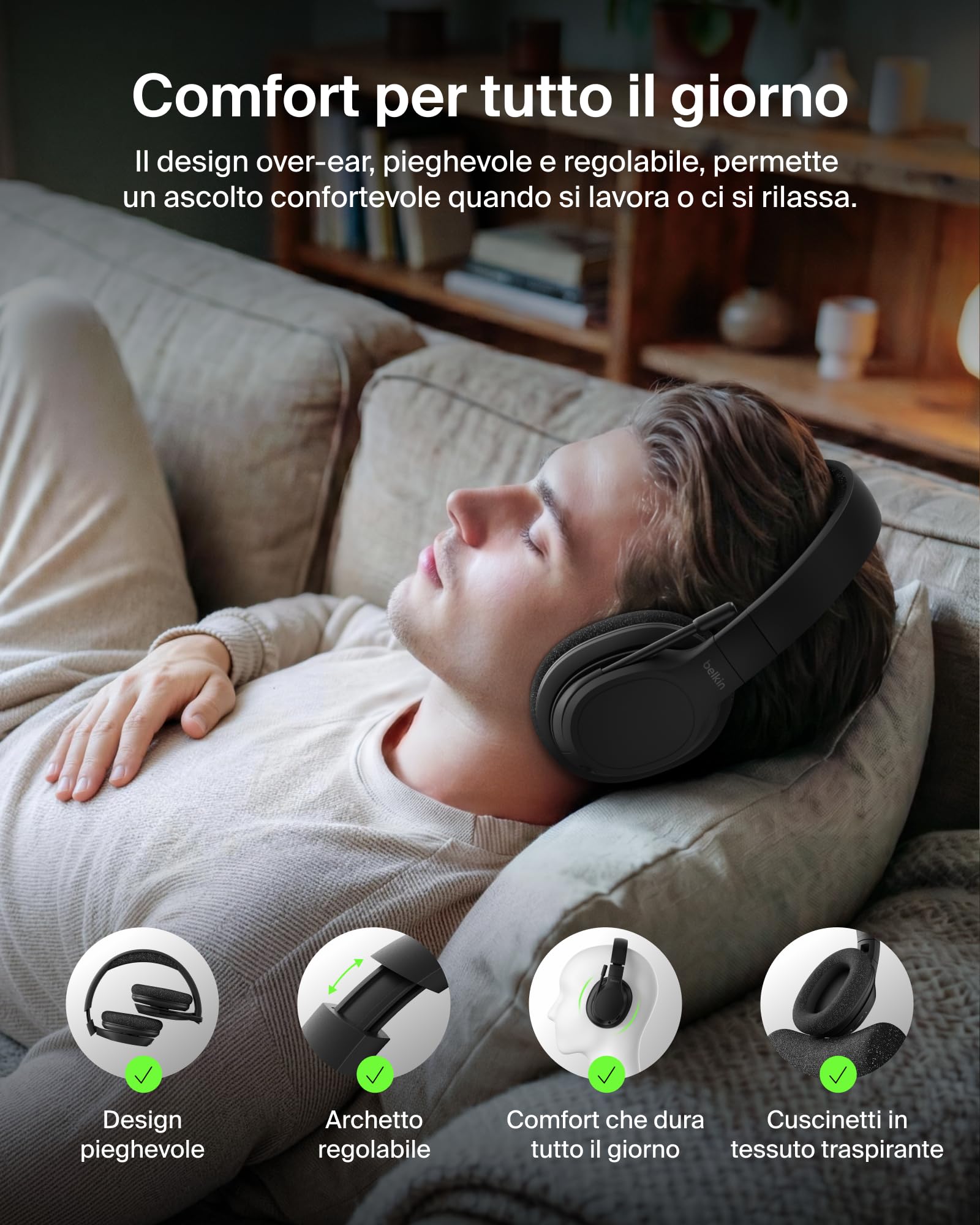 Belkin SoundForm Adapt Cuffie Bluetooth Over-Ear con Microfono – Nero — immagine 9 di 16