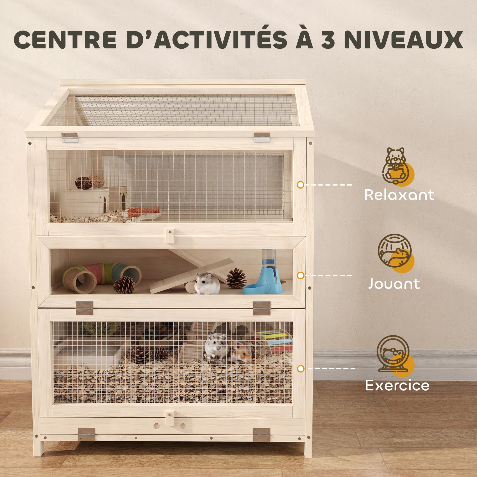 Pawhut Criceto a 3 piani in legno, vassoio rimovibile, 68 x 61,5 x 90 cm, naturale | Habitat per roditori, dondolo, bottiglia d'acqua, finestra, capanna, coperchio apribile, per piccoli animali